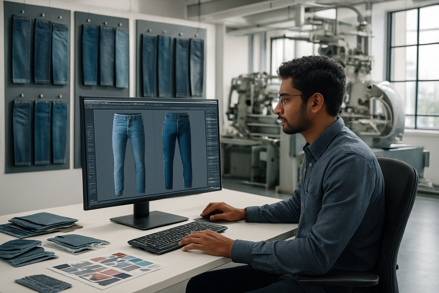 Create a realistic image of a modern Indian textile design studio with a South Asian male designer working at a high-tech computer workstation displaying 3D denim prototypes, surrounded by innovative denim fabric samples in various washes and textures hanging on display boards, advanced textile machinery visible in the background, cutting-edge design tools and color swatches scattered on a sleek white desk, bright natural lighting from large windows creating a contemporary professional atmosphere, showcasing the intersection of traditional craftsmanship and modern technology in premium denim manufacturing, absolutely NO text should be in the scene.