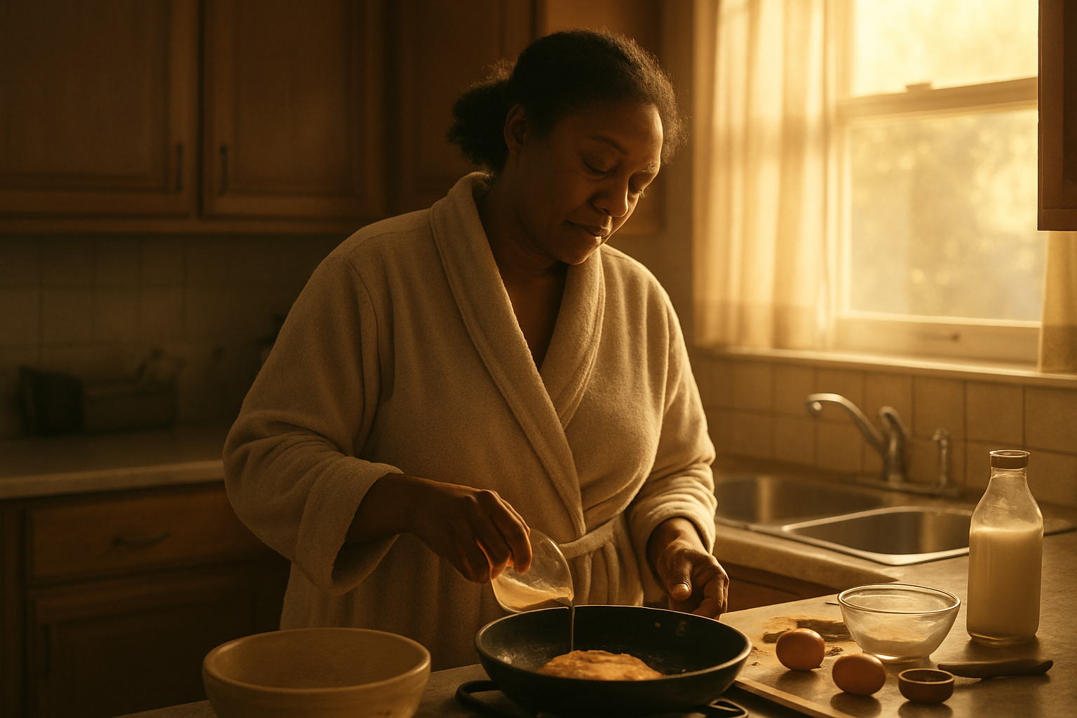 Create a realistic image of a middle-aged black female mother in a kitchen at dawn, gently preparing breakfast while her family sleeps, wearing a simple robe, with soft golden morning light streaming through a window, showing her tired but caring expression as she quietly works, with ingredients and cooking utensils scattered on the counter, depicting the quiet dedication of maternal sacrifice, warm and peaceful atmosphere, absolutely NO text should be in the scene.