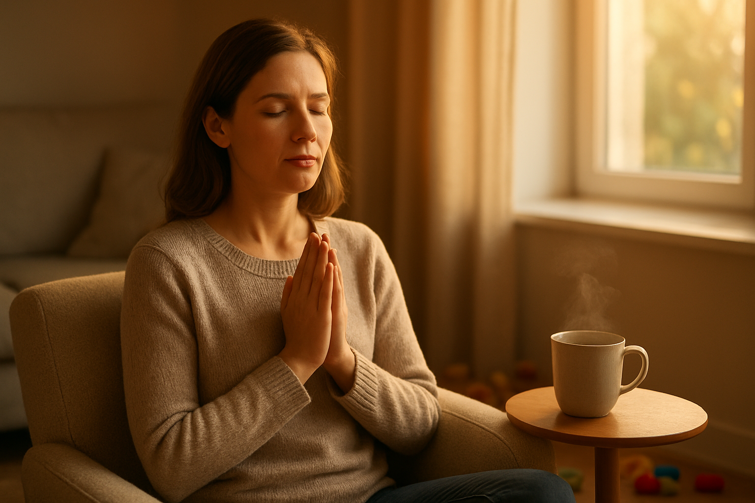 Create a realistic image of a young white woman in her 30s sitting peacefully in a cozy corner of her home, eyes gently closed in a brief moment of meditation or prayer, with soft morning light streaming through a nearby window, a steaming cup of tea on a small side table, a few scattered children's toys in the background suggesting a busy household, warm and serene atmosphere with golden lighting creating a sense of quiet spiritual connection amidst everyday life, absolutely NO text should be in the scene.