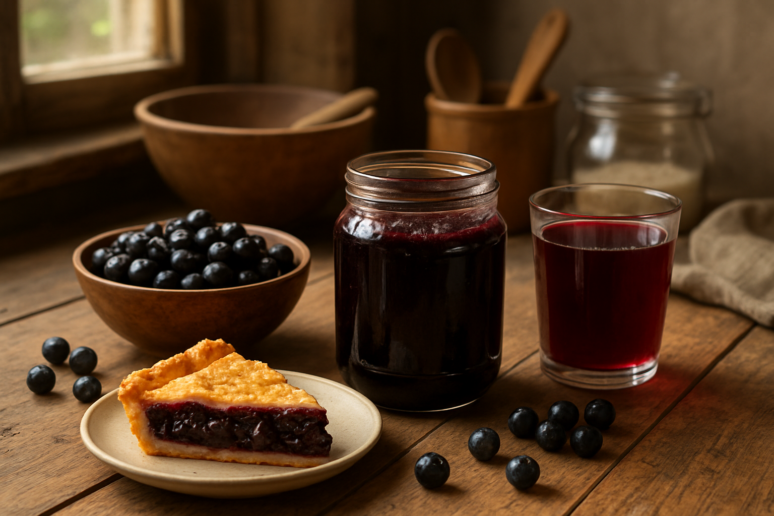 Create a realistic image of a rustic wooden kitchen counter displaying various chokeberry culinary preparations including a glass jar of dark purple chokeberry jam, a small bowl of fresh dark purple aronia berries, a slice of homemade pie with dark berry filling, and a glass of deep red chokeberry juice, with warm natural lighting from a nearby window creating soft shadows, surrounded by cooking utensils and ingredients that suggest home baking and preserve-making activities. Absolutely NO text should be in the scene.