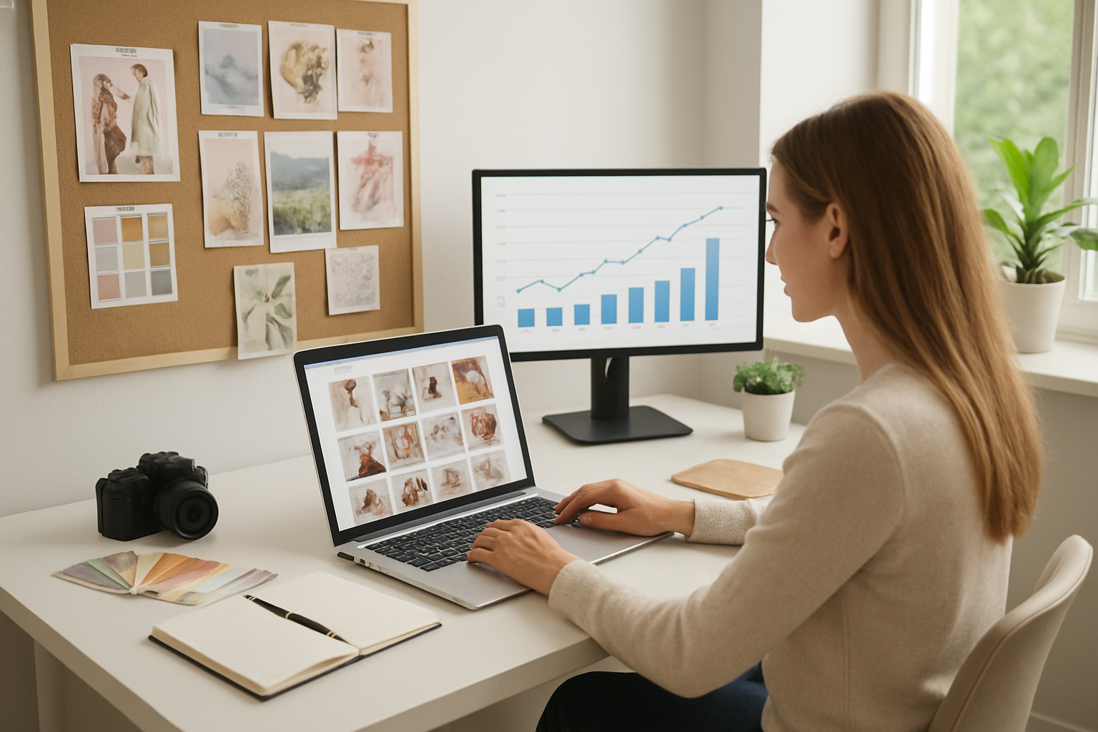 Create a realistic image of a modern workspace with a white female content creator sitting at a sleek desk, working on a laptop displaying Pinterest-style visual content boards, surrounded by creative materials like mood boards, color swatches, and photography props, with charts showing audience growth metrics on a secondary monitor, natural lighting from a large window, plants in the background, and a clean, organized creative studio atmosphere that conveys strategic planning and content development, absolutely NO text should be in the scene.