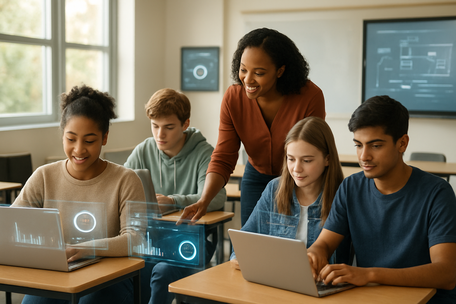 Create a realistic image of a diverse group of students sitting at desks with laptops and tablets in a modern classroom, with a friendly black female teacher walking between the desks providing guidance, holographic AI interface elements floating subtly above the devices showing educational content and progress indicators, warm natural lighting from large windows, contemporary educational technology scattered around including interactive whiteboards and digital displays, creating an atmosphere of personalized learning and technological innovation, absolutely NO text should be in the scene.