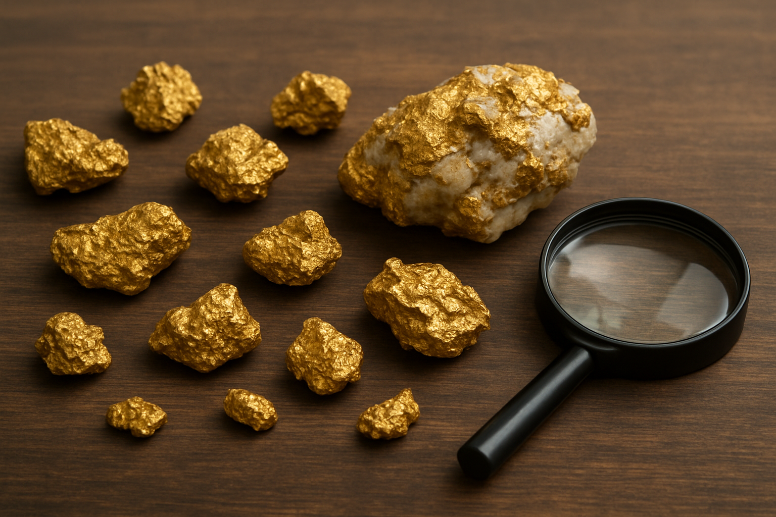 Create a realistic image of natural gold nuggets in various sizes and shapes displayed on a dark wooden surface, showing their characteristic rough, irregular textures and bright golden metallic luster, with some nuggets partially embedded in quartz rock matrix and others as free-standing specimens, under soft natural lighting that highlights the reflective surfaces and intricate geological formations, with a magnifying glass positioned nearby to emphasize detailed examination, against a neutral background that doesn't distract from the specimens, absolutely NO text should be in the scene.