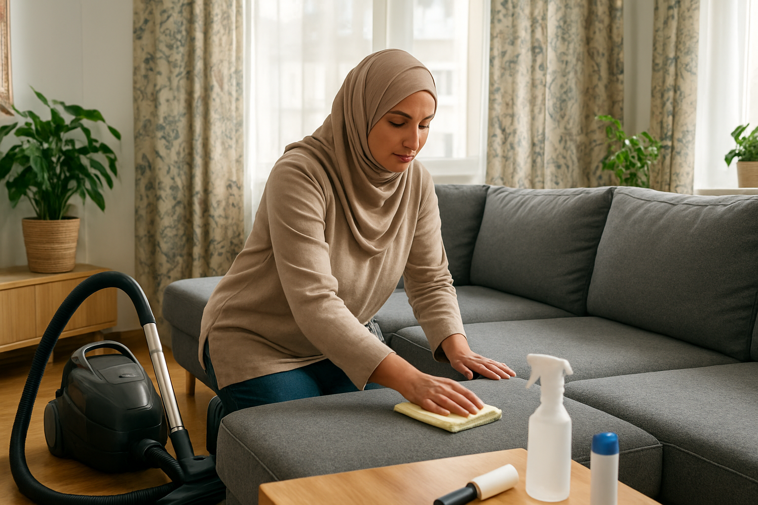 Create a realistic image of a middle eastern woman carefully cleaning a modern gray sectional sofa with a microfiber cloth while vacuum cleaner sits nearby, beautiful patterned curtains hanging on windows in background, cleaning supplies including fabric protector spray and lint roller arranged on coffee table, bright natural daylight streaming through windows creating a clean and organized living room atmosphere, potted plants adding freshness to the scene, wooden flooring partially visible, emphasizing home maintenance and care routine, absolutely NO text should be in the scene.