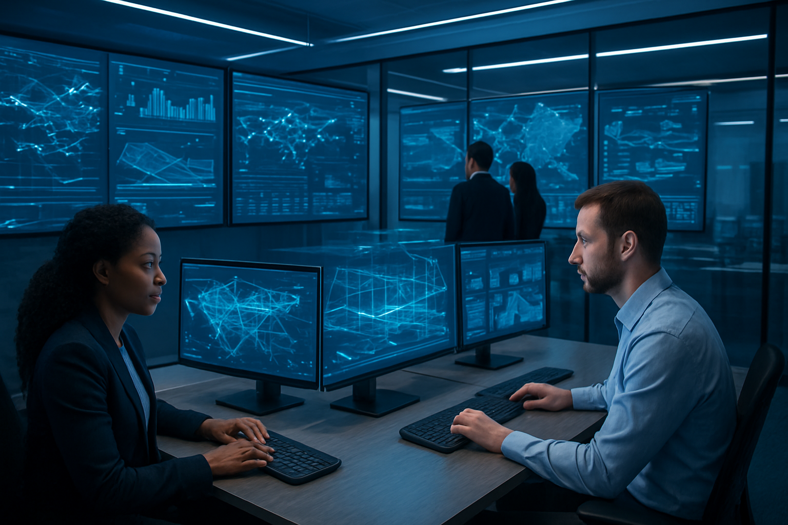 Create a realistic image of a modern logistics control room with multiple large wall-mounted displays showing interactive data visualizations, supply chain maps, and predictive analytics dashboards, featuring a diverse team including a black female data analyst and white male logistics manager working at high-tech workstations with multiple monitors, surrounded by holographic projections of transportation routes and warehouse layouts, set in a sleek corporate environment with blue LED accent lighting and glass walls, conveying an atmosphere of advanced technology and strategic decision-making, absolutely NO text should be in the scene.