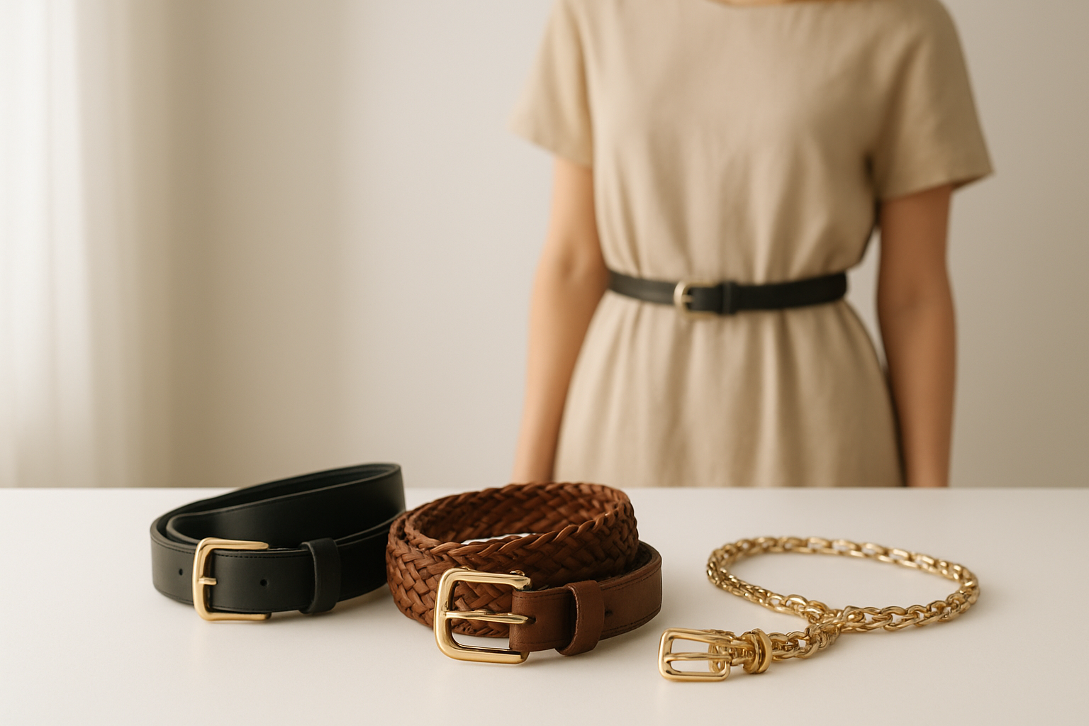 Create a realistic image of a collection of stylish, affordable belts arranged on a clean white surface, featuring different styles including a classic black leather belt, a brown woven belt, and a thin chain belt, with a white female model in the background wearing a simple beige dress cinched at the waist with one of the belts to demonstrate how it defines her silhouette, soft natural lighting from the side, minimalist composition with neutral tones, absolutely NO text should be in the scene.