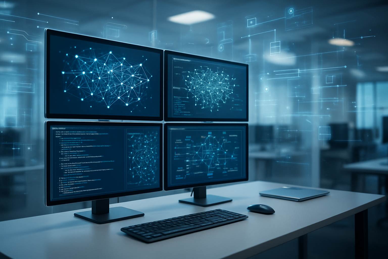 Create a realistic image of a sophisticated AI engineering workspace featuring multiple interconnected computer monitors displaying complex neural network diagrams, code structures, and data flow visualizations, with sleek modern keyboards and high-tech equipment on a clean desk, surrounded by floating holographic-style digital elements representing context layers and information processing pathways, set in a modern tech office environment with soft blue and white ambient lighting that creates a professional and innovative atmosphere, absolutely NO text should be in the scene.