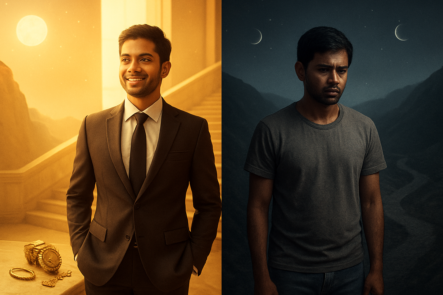 உச்சம் vs நீச்சம்: எது உங்கள் வாழ்க்கையை மாற்றும்? Create a realistic image of a split-screen composition showing contrasting life experiences, with the left side depicting a person experiencing peak moments - a South Asian male in elegant clothing standing confidently in a bright, luxurious setting with golden sunlight, expensive items, and upward-pointing elements like rising stairs or mountains, while the right side shows challenging times - the same person in simple clothes in a dimmer environment with downward elements like descending paths or valleys, muted colors, and symbols of struggle, with celestial elements like planets or stars subtly positioned above each scene to represent astrological influences, warm golden lighting on the left transitioning to cooler blue-grey tones on the right, absolutely NO text should be in the scene.
