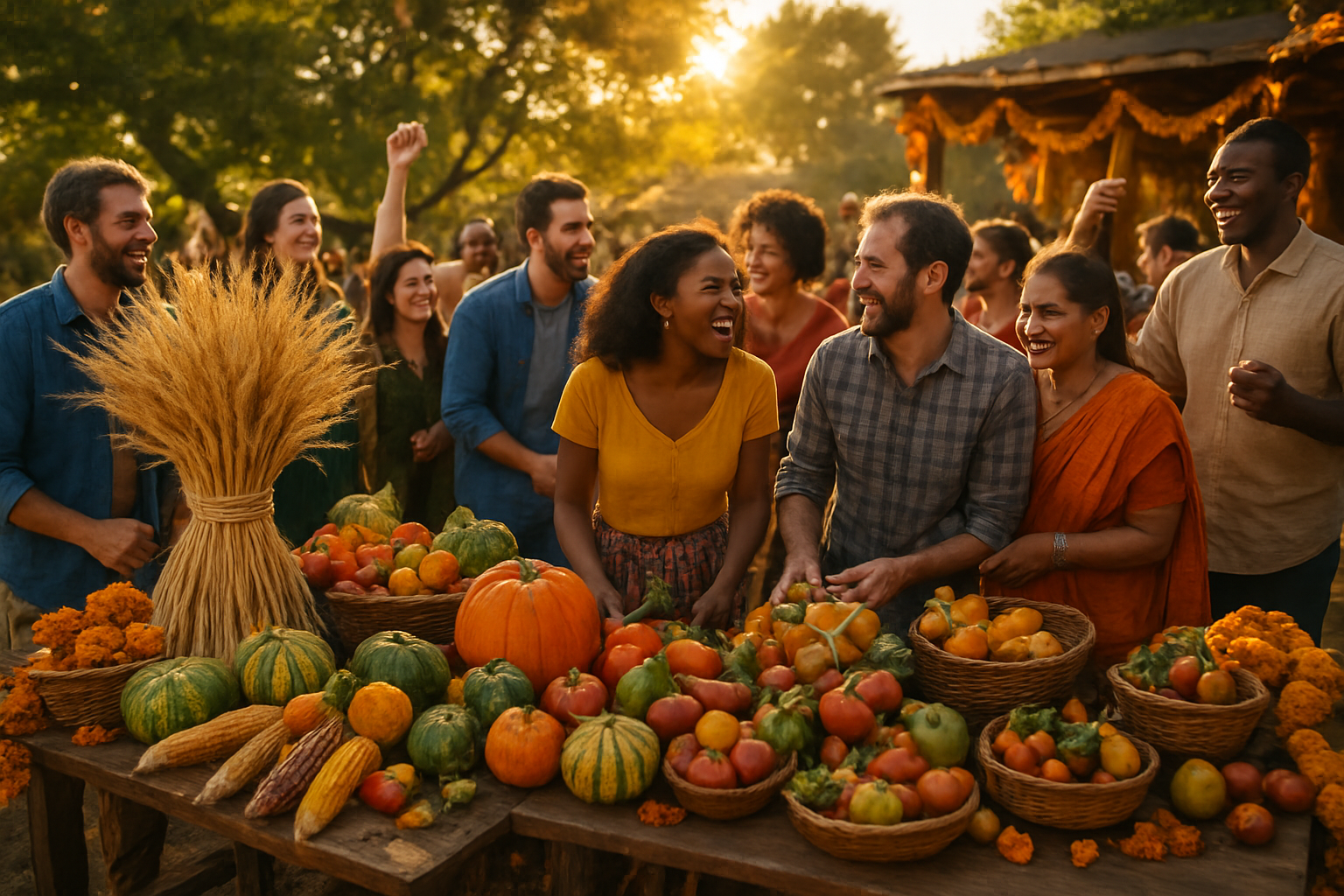 Create a realistic image of a vibrant harvest festival celebration scene with diverse people of different races and genders gathered around abundant displays of freshly harvested crops including golden wheat sheaves, colorful corn, pumpkins, fruits and vegetables arranged on wooden tables and baskets, with traditional decorative elements like marigold garlands and ceremonial items, set in an outdoor community space with warm golden hour lighting creating a joyful celebratory atmosphere, absolutely NO text should be in the scene.