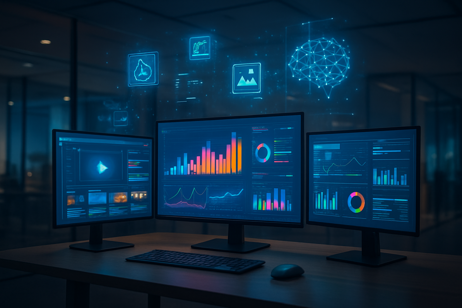 Create a realistic image of a modern digital workspace showing the convergence of AI and media technology, featuring a sleek desk with multiple monitors displaying colorful data visualizations, content analytics dashboards, and media streaming interfaces, surrounded by floating holographic elements representing AI algorithms, neural networks, and digital content icons, with a sophisticated office environment in the background featuring soft ambient lighting, glass surfaces, and a futuristic atmosphere that conveys innovation and technological advancement in media applications, absolutely NO text should be in the scene.