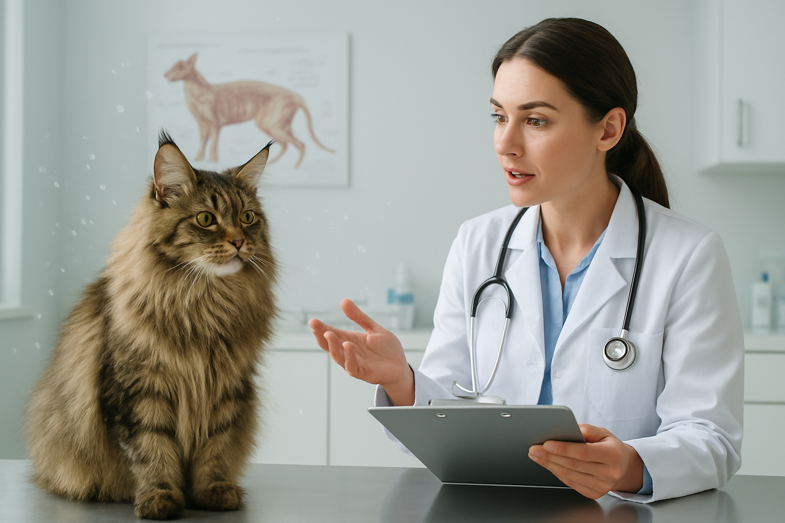 Create a realistic image of a fluffy Maine Coon cat with distinctive long fur and tufted ears sitting next to a white female veterinarian in a clean, modern veterinary clinic examination room, with the veterinarian holding a clipboard and appearing to explain something, while allergen particles are visualized as floating translucent specks in the air around the cat, medical charts and allergy testing equipment visible on the counter in the background, bright clinical lighting, professional healthcare setting atmosphere, absolutely NO text should be in the scene.