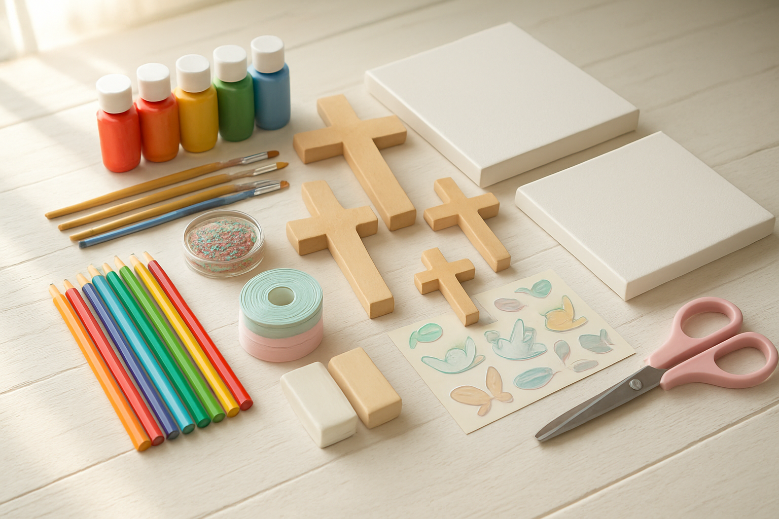 Create a realistic image of a neatly organized collection of Christian-themed arts and craft supplies arranged on a white wooden table, including colorful acrylic paints, paintbrushes, wooden cross shapes, blank canvas panels, colored pencils, glitter, ribbon spools in pastel colors, decorative stickers with dove and fish symbols, polymer clay, and crafting scissors, with soft natural lighting from a nearby window creating gentle shadows, warm and inspiring atmosphere perfect for Easter gift giving, absolutely NO text should be in the scene.