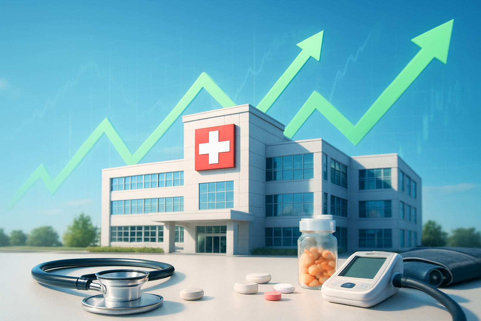 Create a realistic image of a modern hospital building with a prominent medical cross symbol, surrounded by upward-trending green arrow graphics floating in the air, with stethoscope, medical pills, and healthcare equipment arranged in the foreground, bright blue sky background with subtle stock market chart patterns, professional lighting with a sense of growth and prosperity, clean and optimistic atmosphere. Absolutely NO text should be in the scene.