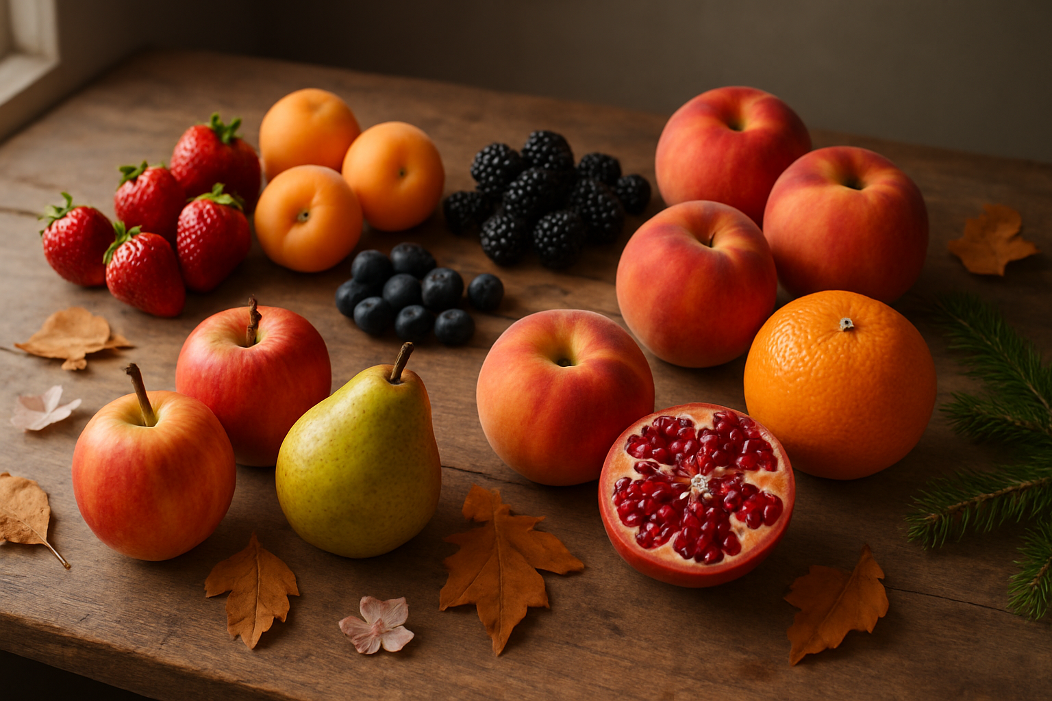 Create a realistic image of a diverse collection of seasonal fruits arranged in four distinct groups representing different seasons - spring fruits like strawberries and apricots, summer fruits like berries and peaches, autumn fruits like apples and pears, and winter fruits like oranges and pomegranates - displayed on a rustic wooden table with natural lighting from a window, surrounded by subtle seasonal elements like flower petals, autumn leaves, and pine sprigs to indicate year-round availability, with a warm and inviting atmosphere that emphasizes natural health and nutrition, absolutely NO text should be in the scene.