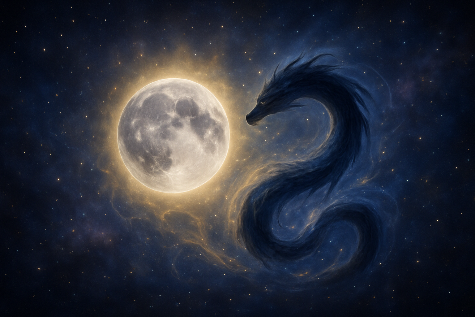 Create a realistic image of a mystical celestial scene showing the planet Mercury (Budh) as a bright silvery orb surrounded by gentle cosmic energy and the shadow planet Ketu represented as a mystical dragon