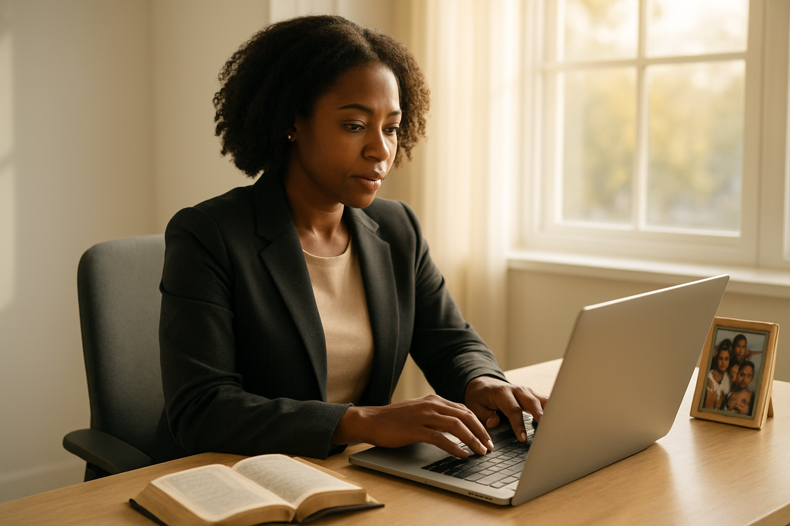 Create a realistic image of a professional black female sitting at a modern office desk with an open laptop, a small Bible, and a framed family photo, while natural sunlight streams through a large window behind her, creating a peaceful and balanced atmosphere that reflects both professional dedication and spiritual grounding, with soft warm lighting and a clean, organized workspace that conveys harmony between career and faith. Absolutely NO text should be in the scene.