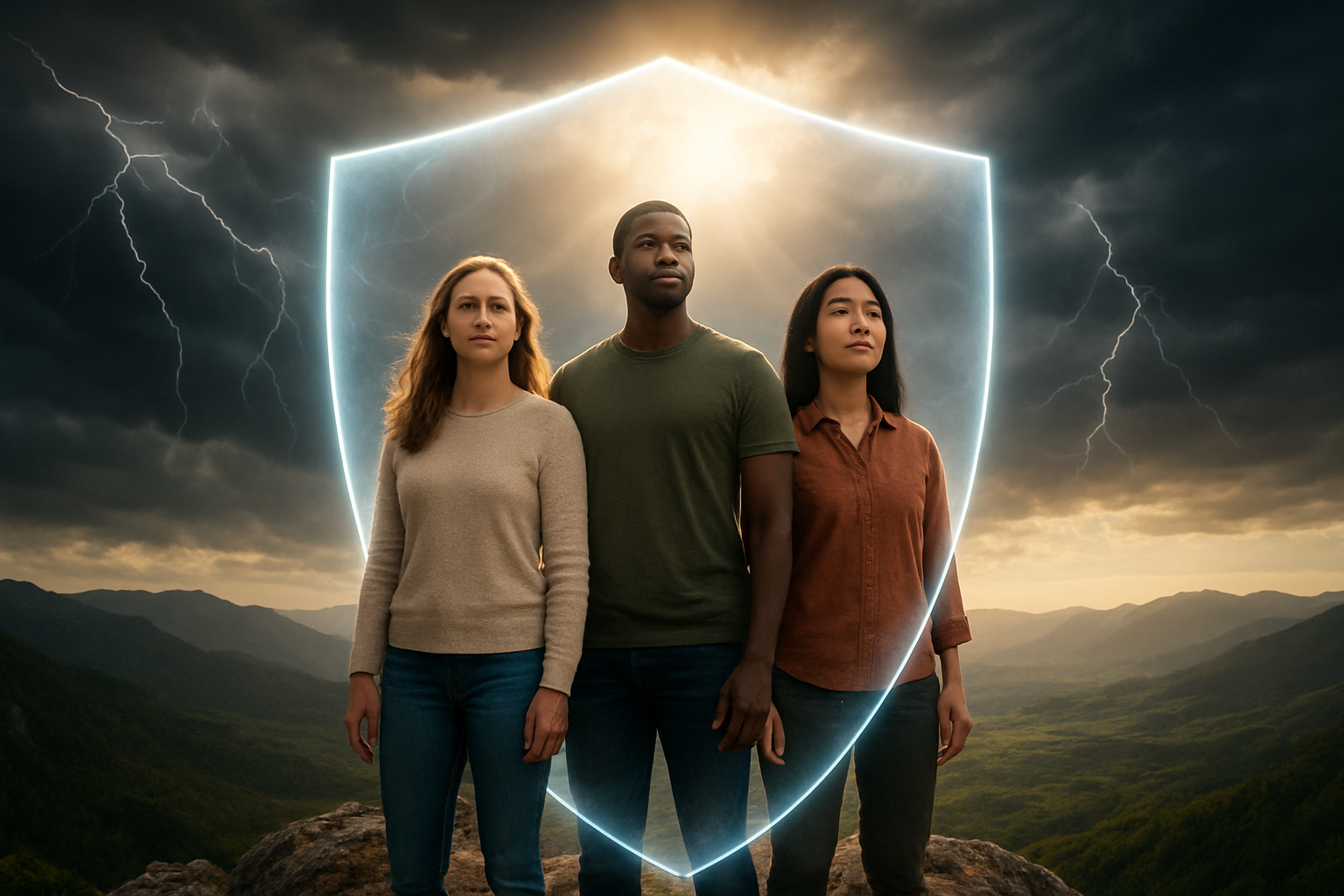 Create a realistic image of a diverse group of people standing together on a mountain peak, with a large translucent shield made of light protecting them from dark storm clouds and lightning in the background, while bright sunlight breaks through the clouds above them, symbolizing hope and resilience, with the group including a white female, black male, and Asian female all looking confidently forward, surrounded by a peaceful valley below bathed in golden light, absolutely NO text should be in the scene.