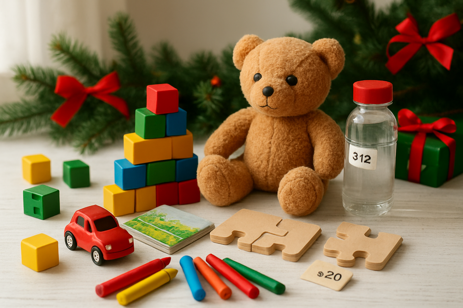 Create a realistic image of an assortment of affordable Christmas gifts for toddlers arranged on a white wooden surface, including colorful building blocks, a small stuffed teddy bear, crayons, a picture book, bubbles, a toy car, and a simple puzzle, with soft natural lighting from a window, price tags showing amounts under $25 visible on some items, surrounded by festive Christmas decorations like pine branches and red ribbons in the background, creating a warm and inviting holiday shopping atmosphere, absolutely NO text should be in the scene.