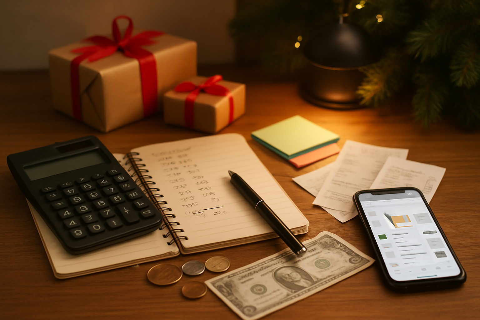 Create a realistic image of a organized desk scene with a calculator, notebook with handwritten budget numbers, Christmas shopping lists, colorful sticky notes, a pen, scattered receipts, a smartphone displaying a shopping app, wrapped gift boxes in the background, dollar bills and coins neatly arranged, warm ambient lighting from a desk lamp, cozy indoor setting with subtle Christmas decorations like pine branches, professional and organized mood suggesting smart financial planning, absolutely NO text should be in the scene.