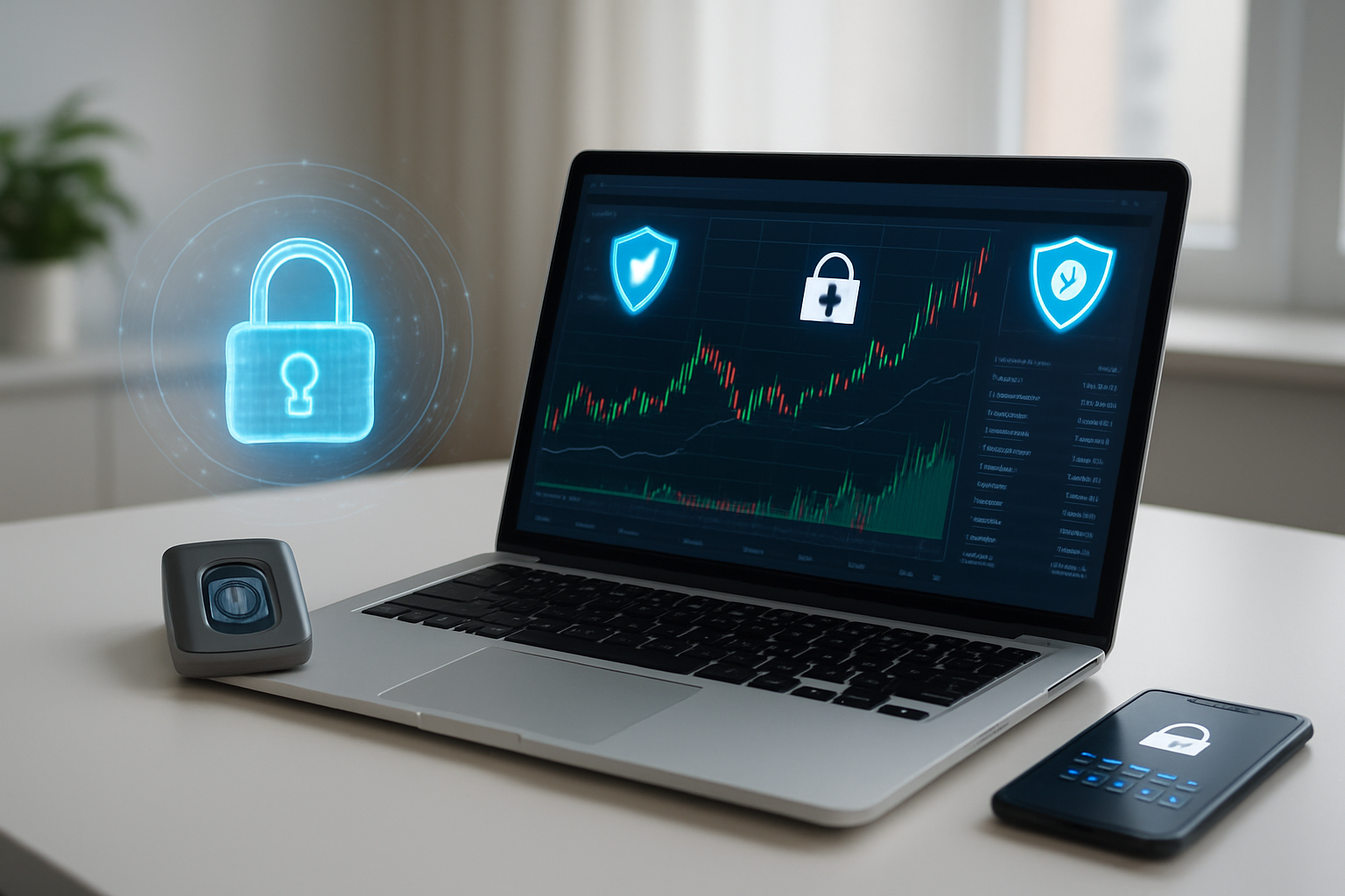 Create a realistic image of a modern laptop computer displaying a secure trading platform dashboard with visible security icons like shield symbols, lock icons, and two-factor authentication badges, surrounded by cybersecurity elements including a digital padlock hologram, fingerprint scanner device, and smartphone showing authentication codes, set on a clean white desk in a professional office environment with soft natural lighting from a window, conveying trust and digital security for financial trading, absolutely NO text should be in the scene.