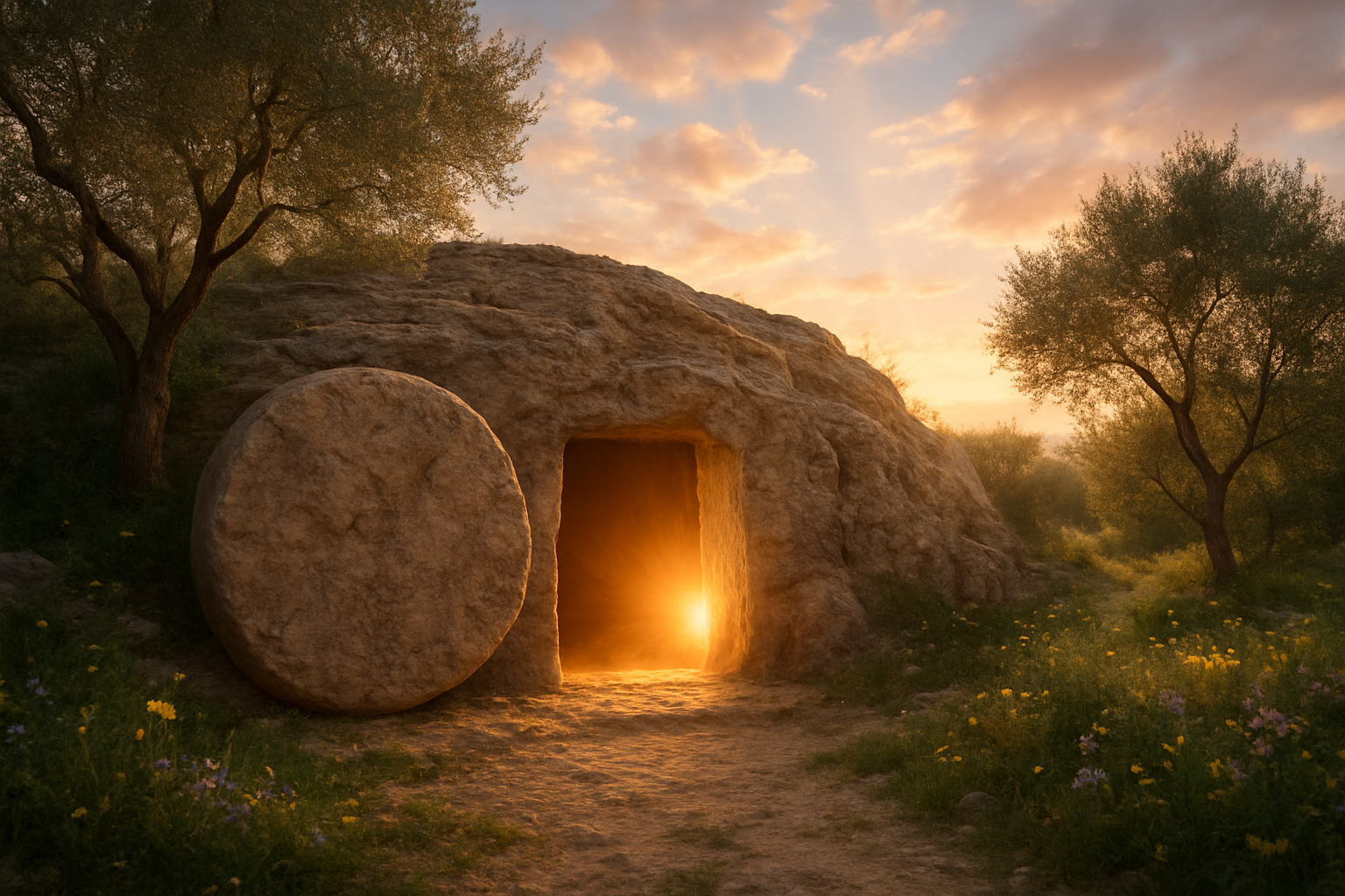 Create a realistic image of an empty tomb carved into rock with the large stone rolled away from the entrance, revealing a bright golden light emanating from within the tomb opening, set against a dawn sky with soft pink and orange hues, surrounded by a peaceful garden setting with olive trees and wildflowers, conveying a sense of triumph and hope over darkness, with gentle sunbeams breaking through morning clouds illuminating the scene, absolutely NO text should be in the scene.