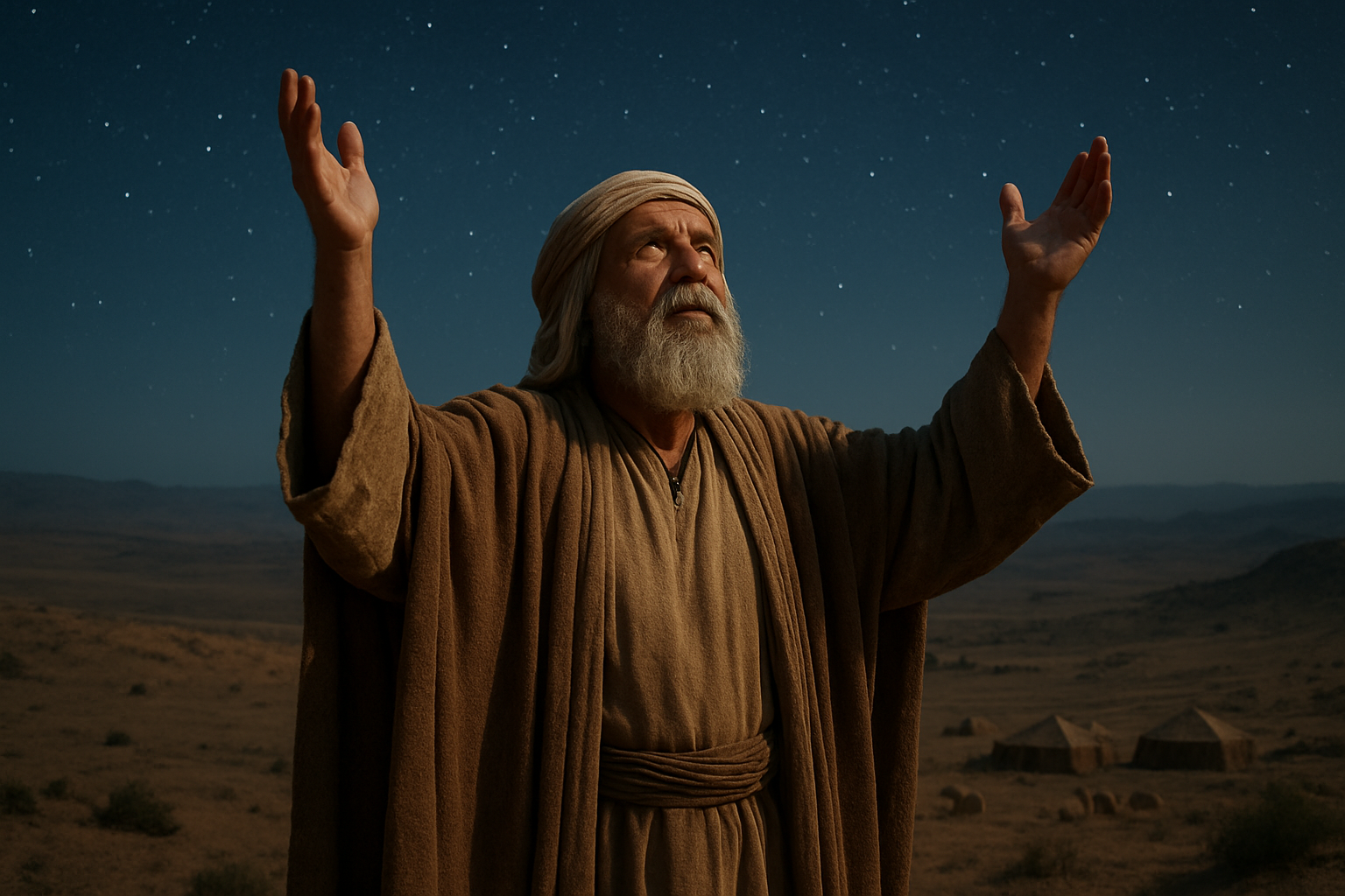 Create a realistic image of an elderly Middle Eastern male with a long gray beard wearing traditional ancient robes, standing on a hilltop under a starry night sky with his arms raised upward in a gesture of prayer and worship, his face illuminated by soft moonlight showing an expression of deep faith and reverence, with the vast desert landscape stretching below him dotted with his tents and livestock in the distance, creating a peaceful and spiritual atmosphere that conveys trust and divine connection, absolutely NO text should be in the scene.