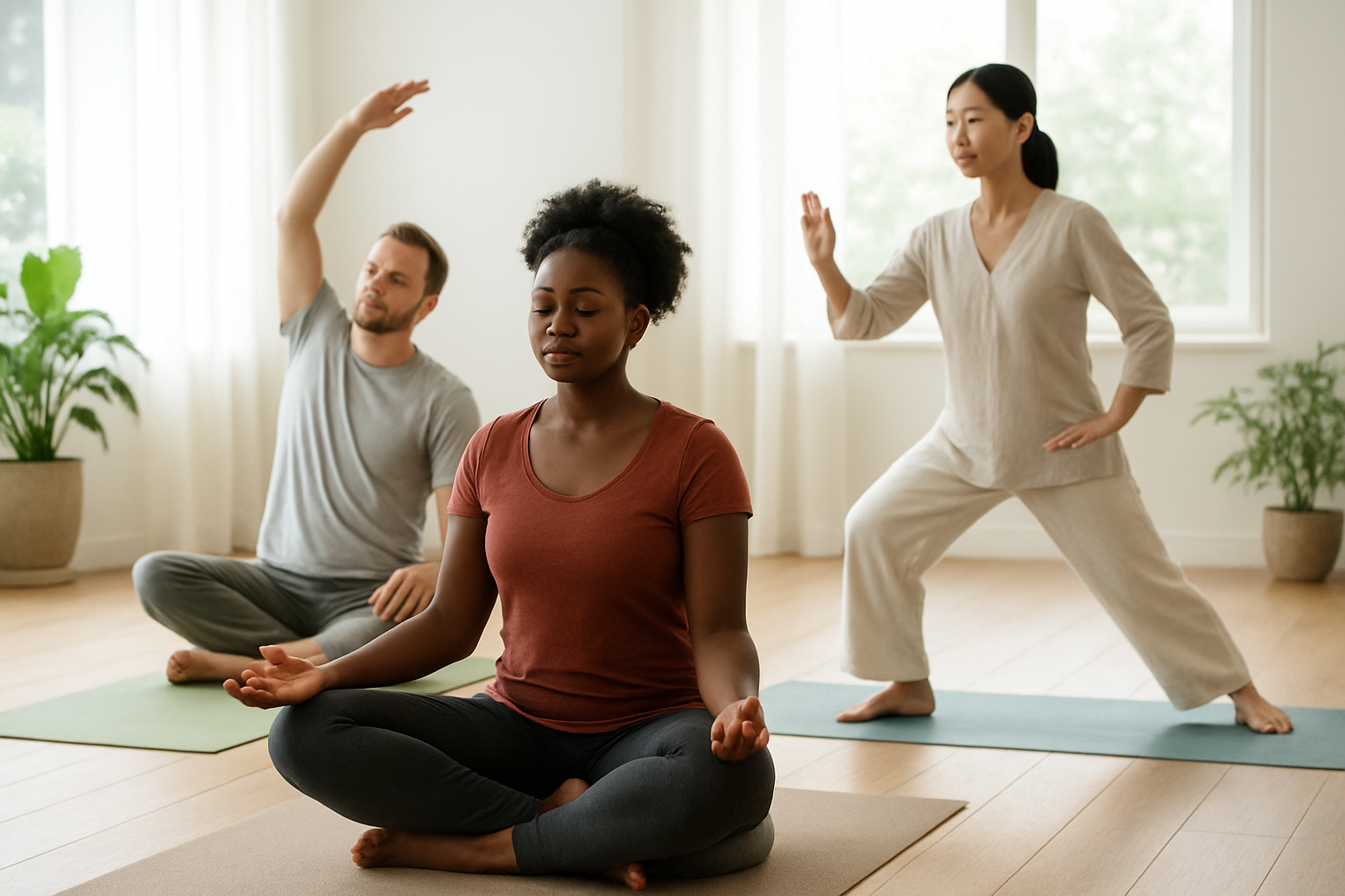 Create a realistic image of a diverse group of people practicing mind-body wellness activities in a bright, serene indoor space with natural lighting from large windows, showing a black female in lotus position meditating, a white male doing gentle yoga stretches, and an Asian female practicing tai chi movements, with yoga mats, meditation cushions, and plants creating a peaceful healing environment that conveys hope and recovery, absolutely NO text should be in the scene.