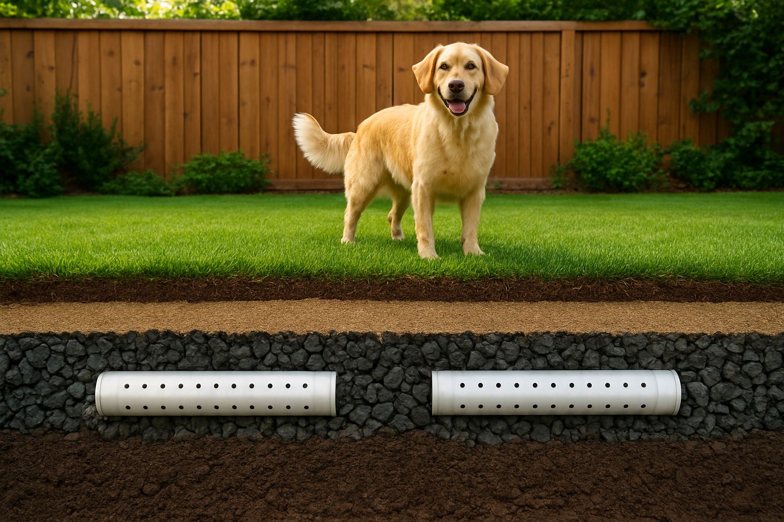 Create a realistic image of a well-constructed dog potty area drainage system shown in cross-section view, displaying clearly visible layers including dark gravel at the bottom, light-colored sand in the middle, and perforated drainage pipes running horizontally through the gravel layer, with a small happy golden retriever standing on the finished grass surface above, surrounded by a clean backyard setting with wooden fence in the background, bright natural daylight illuminating the scene, showing the complete drainage solution from surface to subsoil, absolutely NO text should be in the scene.