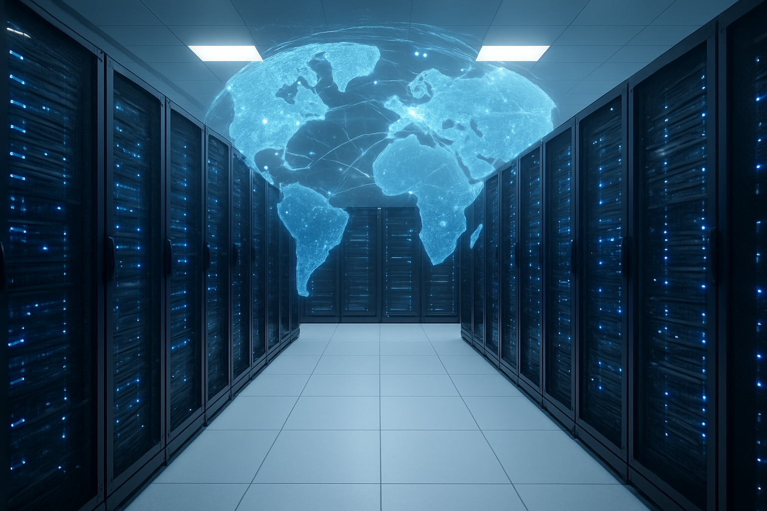 Create a realistic image of a modern data center server room with rows of sleek black server racks glowing with blue LED lights, featuring a large digital world map holographically projected above the servers showing connected data points and network lines across different continents, with fiber optic cables neatly organized and routed between the equipment, set against a clean white floor and ceiling with bright professional lighting, conveying a high-tech atmosphere of global cloud infrastructure and data connectivity, absolutely NO text should be in the scene.