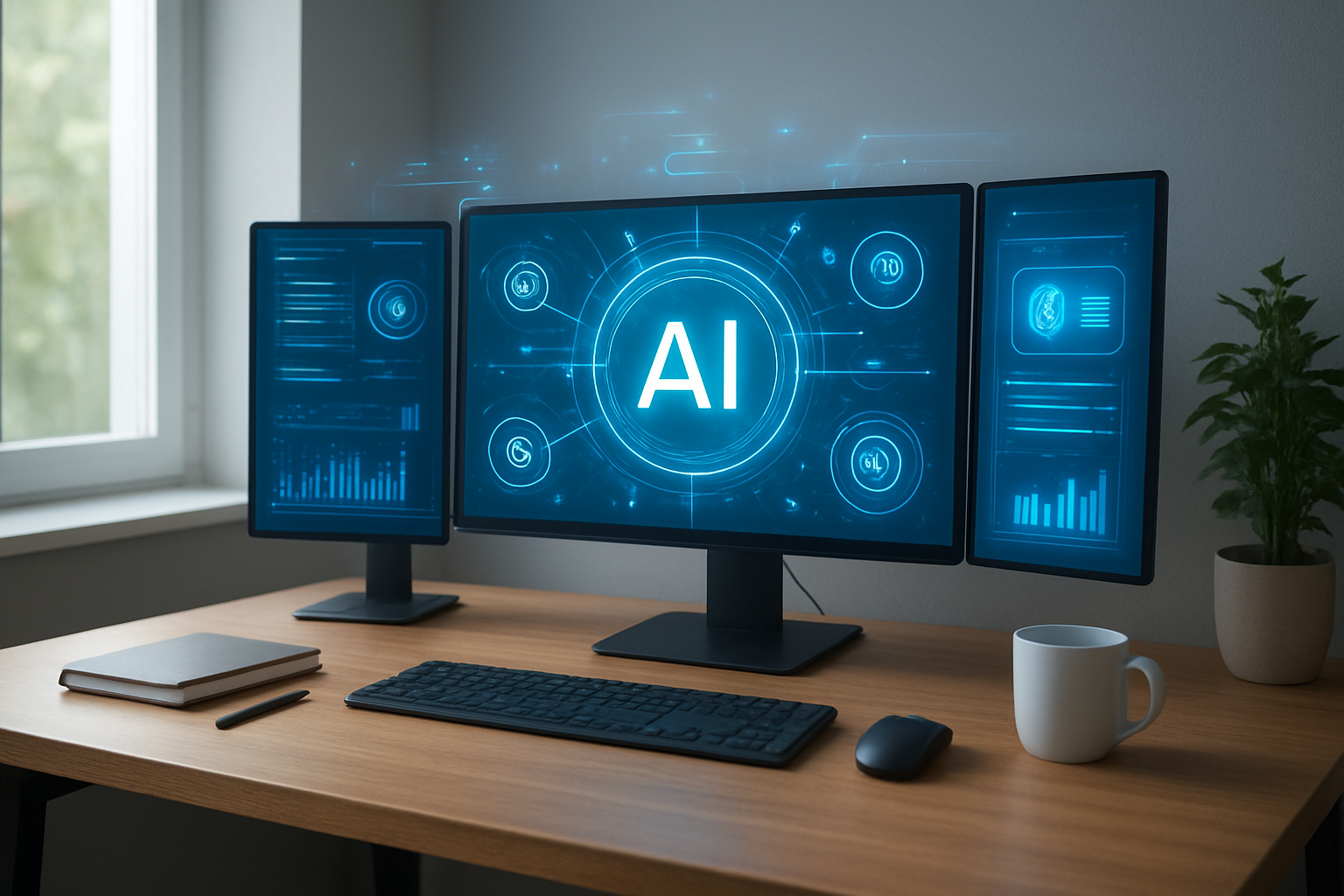 Create a realistic image of a modern home office workspace showing a sleek desktop computer with multiple monitors displaying AI assistant interfaces, holographic-style digital elements floating around the screen suggesting intelligent automation, a clean organized desk with productivity tools like notebooks and coffee cup, soft natural lighting from a nearby window, futuristic blue and white glowing accents emanating from the screens, showing seamless integration of AI technology into everyday computing workflow, absolutely NO text should be in the scene.