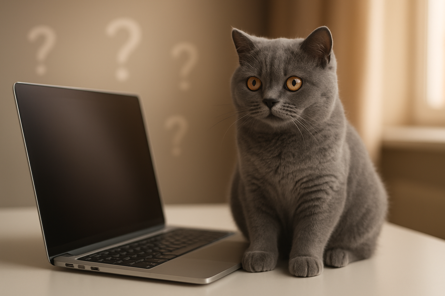 Create a realistic image of a beautiful British Shorthair cat with distinctive blue-gray fur and copper eyes sitting attentively next to a modern laptop computer on a clean white desk, with question mark symbols floating subtly in the soft-focus background, warm natural lighting from a nearby window creating a professional yet cozy atmosphere that suggests helpful information and guidance, absolutely NO text should be in the scene.