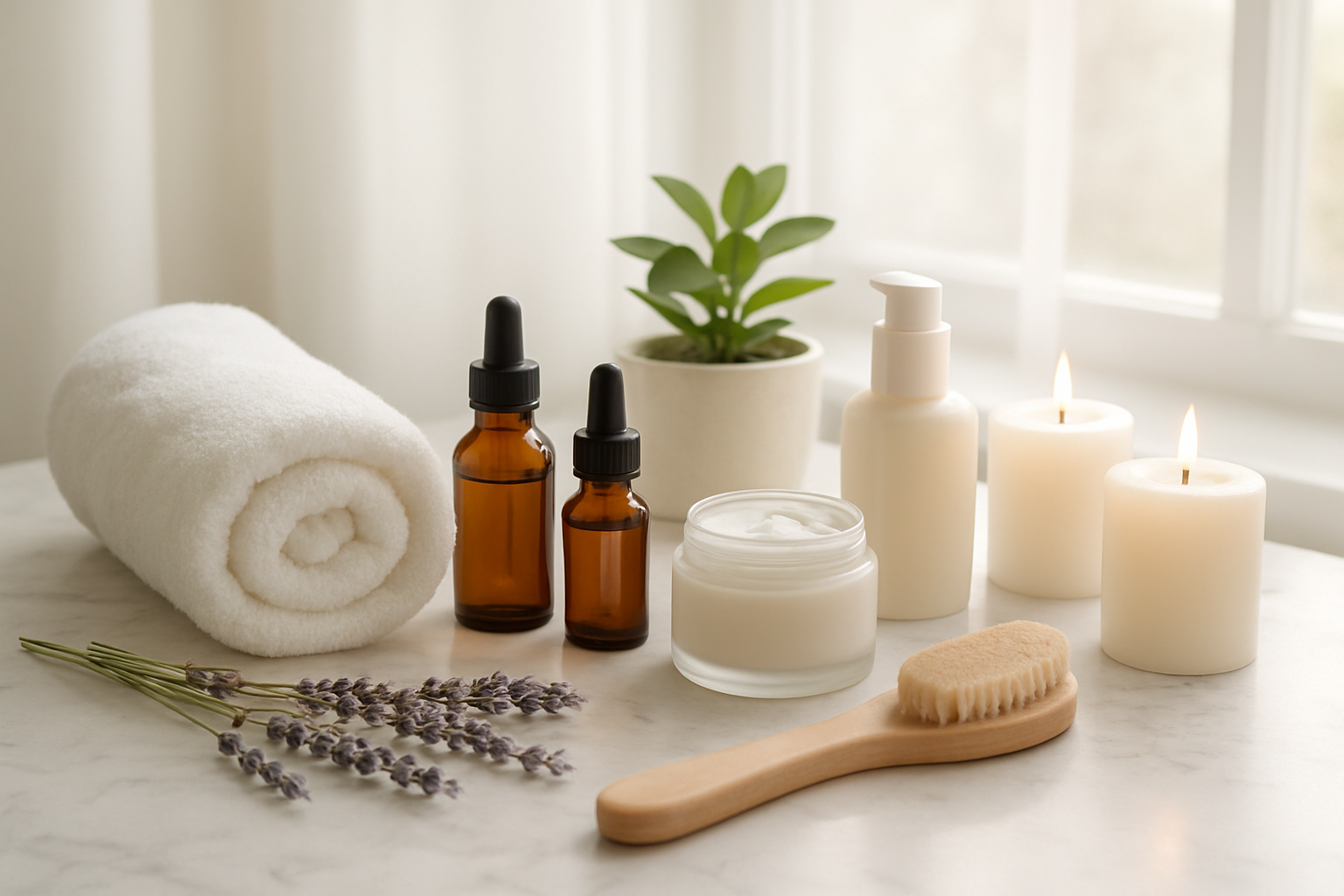 Create a realistic image of an elegant spa-like setting with self-care items including essential oil bottles, organic skincare products, a soft white towel, lavender sprigs, a wooden bath brush, scented candles, and a small potted plant arranged on a clean marble surface near a bright window with natural sunlight streaming in, creating a peaceful and serene atmosphere that conveys wellness and body care, shot with soft natural lighting and a calming color palette of whites, creams, and gentle pastels. Absolutely NO text should be in the scene.
