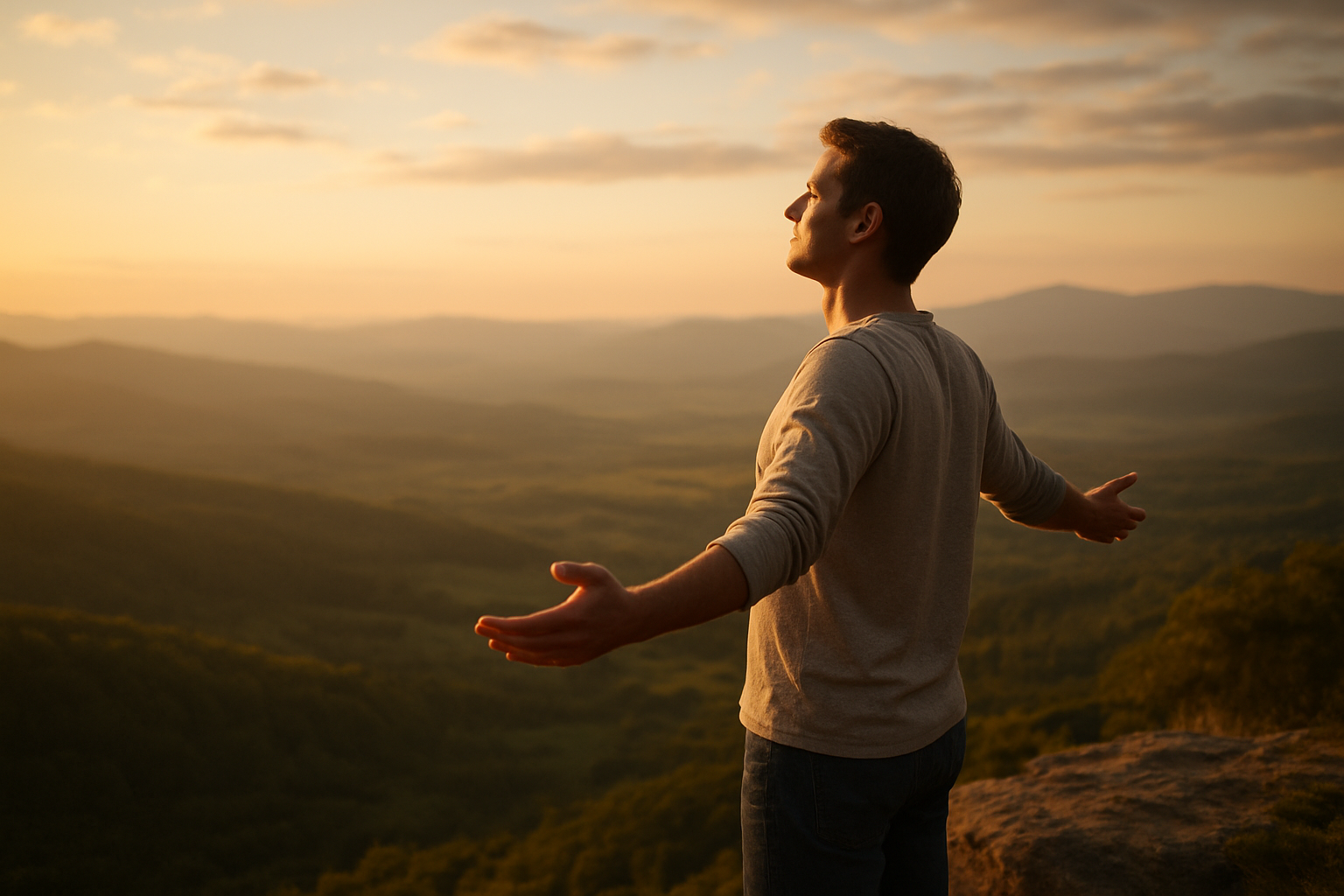 Create a realistic image of a person standing at the edge of a cliff overlooking a vast, peaceful valley below, with their arms slightly outstretched and palms open in a gesture of release, soft golden hour lighting casting a warm glow across the scene, gentle clouds in the sky suggesting hope and tranquility, the person's posture conveying a sense of surrender and trust rather than fear, with a serene expression visible from behind or side profile, rolling hills and distant mountains in the background creating depth and symbolizing the unknown future, absolutely NO text should be in the scene.