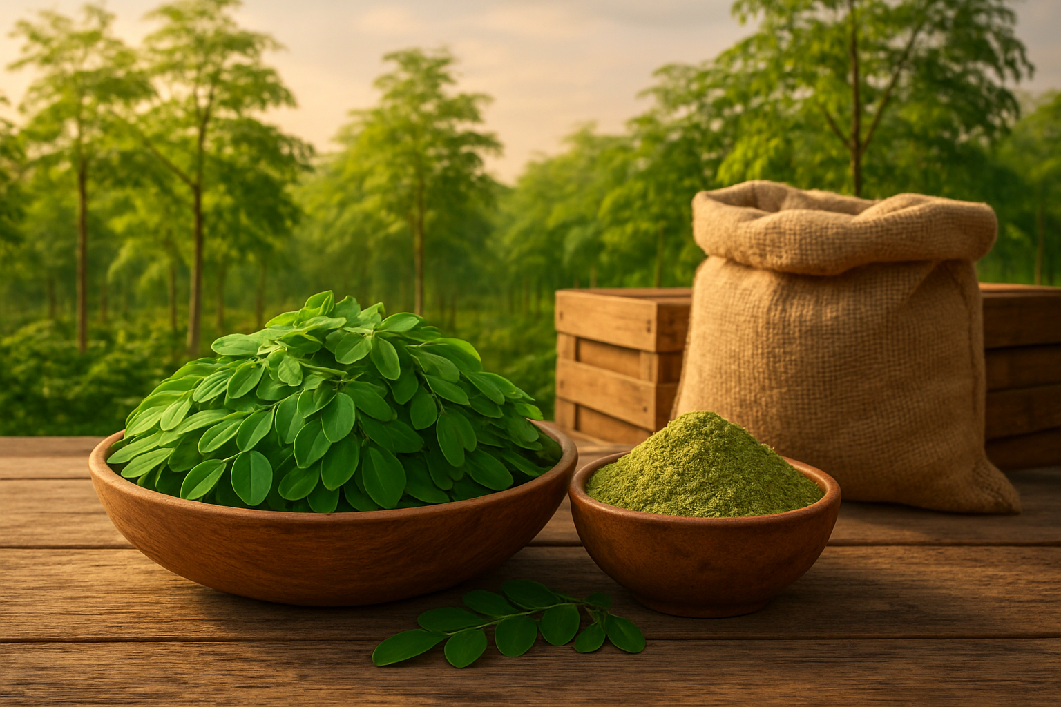 Create a realistic image of fresh green moringa leaves and moringa powder in small wooden bowls arranged on a rustic wooden table, with a backdrop showing a lush Indian moringa plantation with tall moringa trees under warm golden sunlight, alongside traditional Indian wooden crates and burlap sacks ready for export, conveying a sense of successful business partnership and quality sourcing, with soft natural lighting creating an optimistic and prosperous mood. Absolutely NO text should be in the scene.