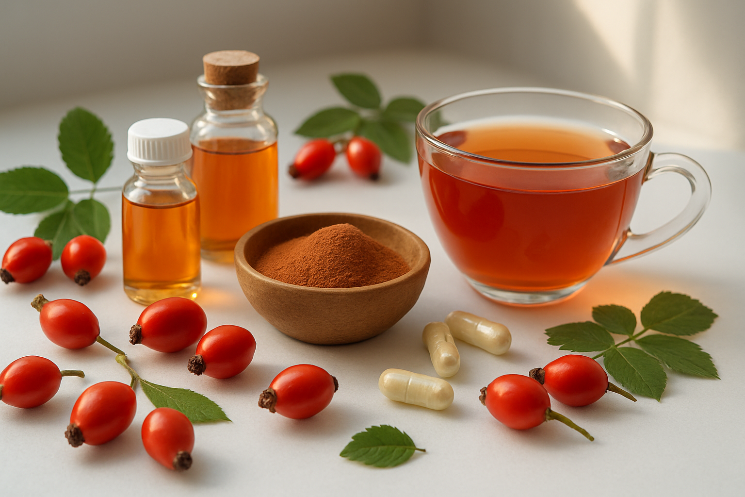 Create a realistic image of fresh red rose hip fruits arranged on a clean white surface alongside natural wellness items including glass bottles of rose hip oil, dried rose hip powder in a wooden bowl, vitamin C supplement capsules, and fresh rose hip tea in a clear glass cup, with soft natural lighting from a window creating gentle shadows, and green leaves scattered around for a natural health and wellness aesthetic, absolutely NO text should be in the scene.