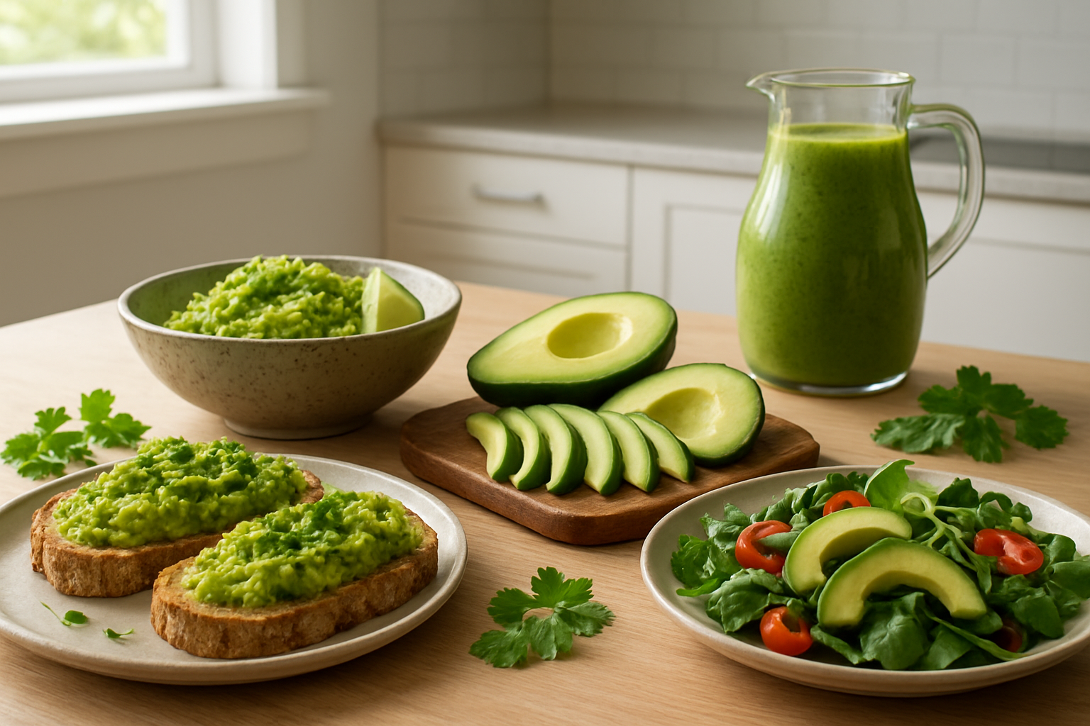 Create a realistic image of a beautiful kitchen counter displaying various avocado-based dishes including avocado toast on artisanal bread, a colorful bowl of guacamole with lime wedges, sliced avocados arranged on a wooden cutting board, a green smoothie in a glass pitcher, and avocado salad with mixed greens and cherry tomatoes, all artfully arranged with fresh herbs like cilantro and basil scattered around, natural daylight streaming through a window creating soft shadows, warm and inviting culinary atmosphere with a clean modern kitchen background. Absolutely NO text should be in the scene.