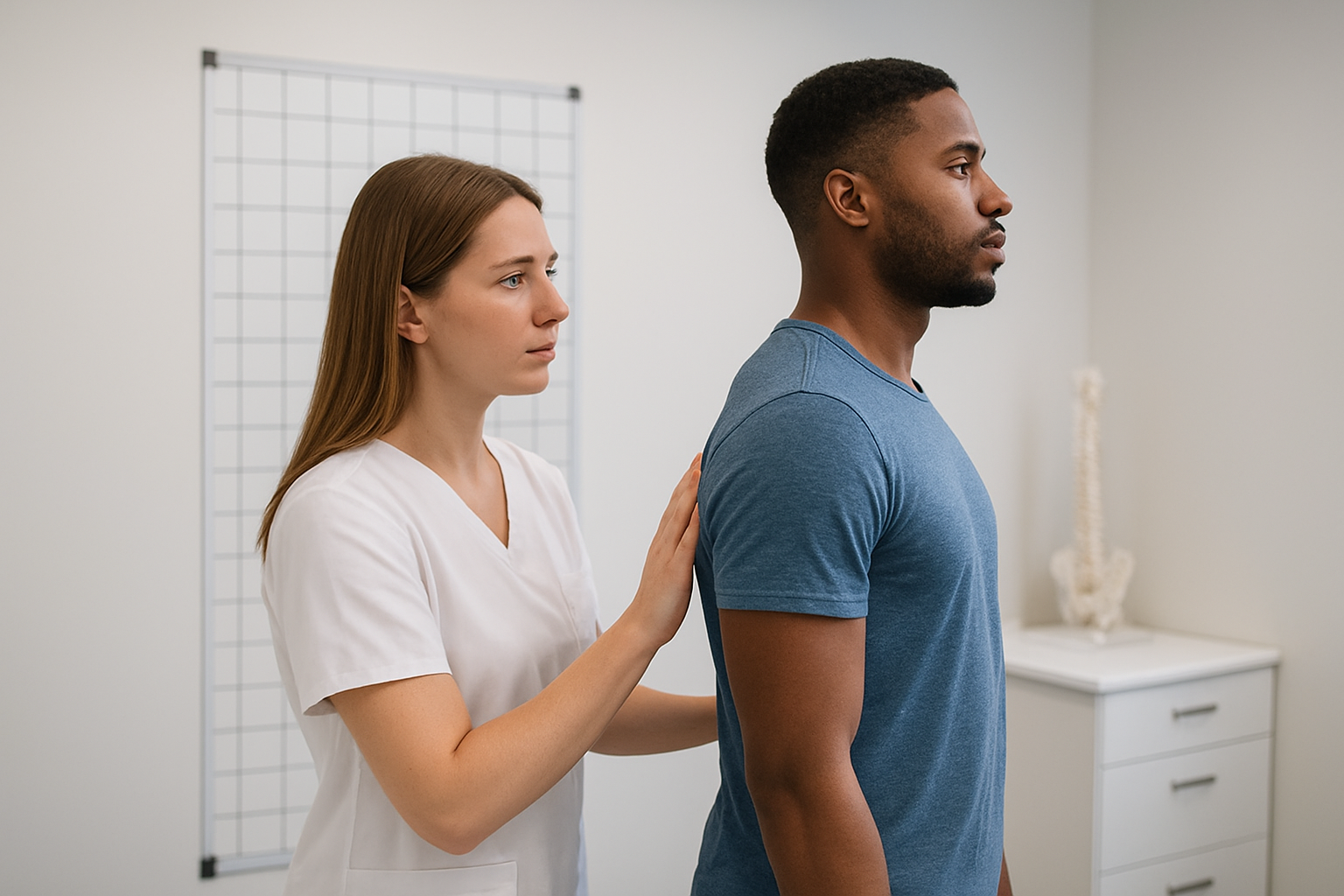 Create a realistic image of a white female healthcare professional or physical therapist conducting a posture assessment on a black male patient in a clean, modern clinic setting, with the patient standing straight while the professional observes his spine alignment from the side, featuring medical assessment tools like a posture grid or plumb line in the background, bright clinical lighting, and a professional healthcare atmosphere. Absolutely NO text should be in the scene.