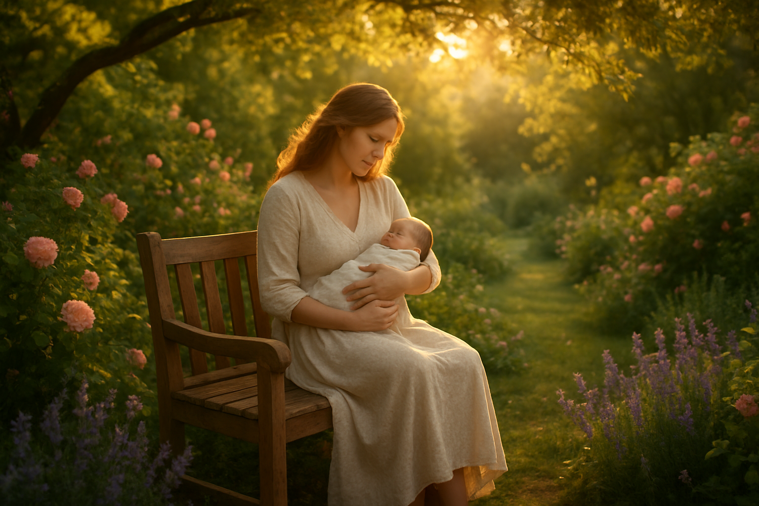 Create a realistic image of a serene garden scene with a beautiful white female mother in her 30s sitting peacefully on a wooden bench, gently cradling her newborn baby, surrounded by blooming flowers and lush greenery, with soft golden sunlight filtering through tree branches creating a warm and sacred atmosphere, conveying divine love and the sacred nature of motherhood through natural beauty and tranquil lighting, absolutely NO text should be in the scene.