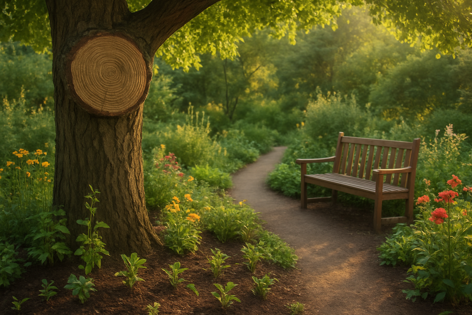 Create a realistic image of a peaceful garden setting with a mature tree showing visible growth rings in its cross-section, surrounded by plants at various stages of development from seedlings to full blooms, soft golden hour lighting filtering through leaves, a wooden bench positioned for quiet reflection, with a serene pathway leading deeper into the garden symbolizing spiritual journey and progress, absolutely NO text should be in the scene.