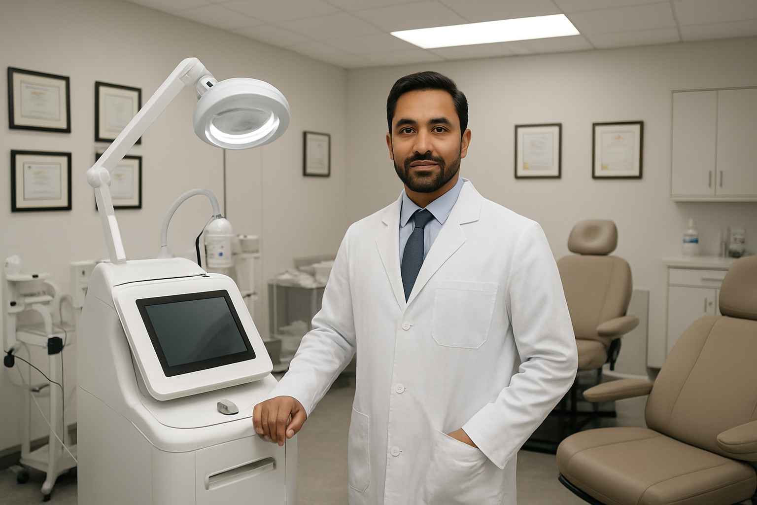 Create a realistic image of a modern, professional hair transplant clinic interior featuring a confident male doctor of Indian ethnicity in a white coat standing next to advanced hair restoration equipment, with comfortable patient consultation chairs, clean medical facilities, certificates and awards displayed on walls, bright clinical lighting, and a welcoming atmosphere that conveys expertise and trustworthiness, absolutely NO text should be in the scene.