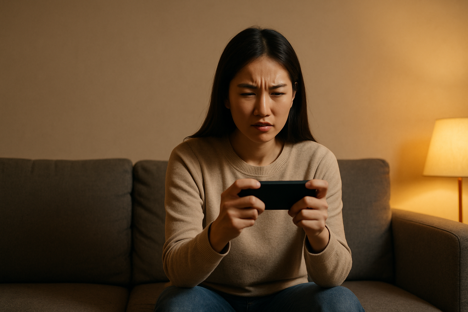 Create a realistic image of a frustrated Asian female sitting on a modern couch holding a small smartphone horizontally, squinting slightly as she tries to watch what appears to be an important video on the tiny screen, with a large blank wall behind her that could accommodate a much bigger display, warm living room lighting creating a cozy but constrained atmosphere, showing the limitation of experiencing significant content on such a small device, absolutely NO text should be in the scene.