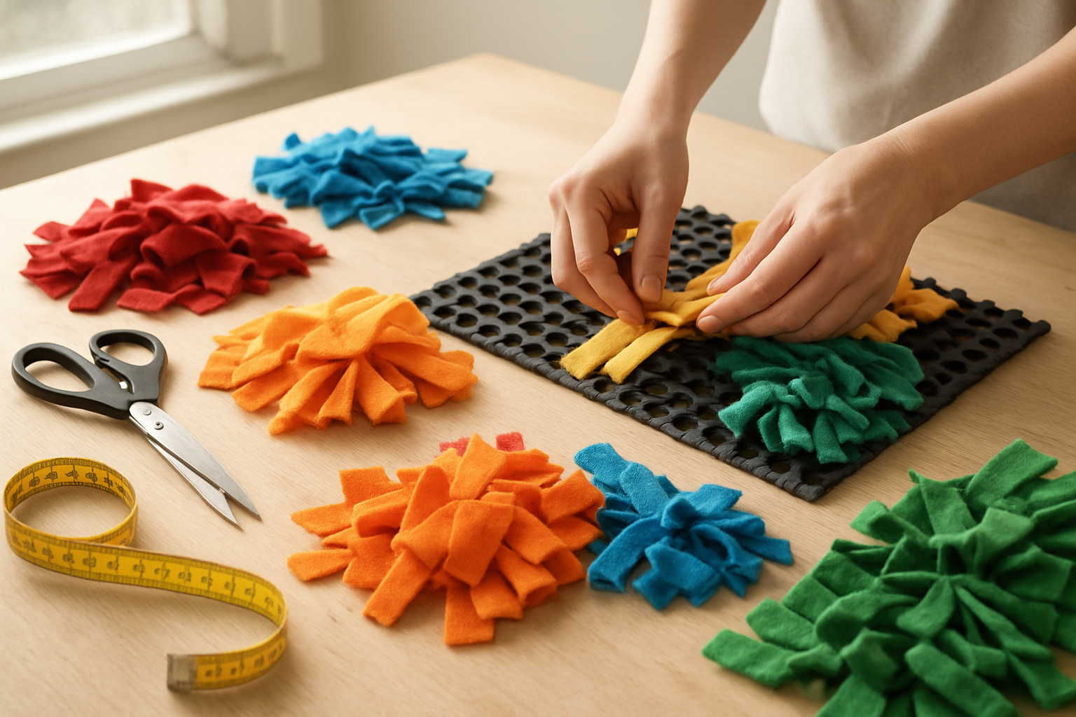 Create a realistic image of hands assembling a DIY snuffle mat showing various stages of construction with colorful fleece strips being tied onto a rubber drainage mat, scissors, measuring tape, and partially completed sections of the mat laid out on a clean wooden work surface, with soft natural lighting from a nearby window creating a focused crafting atmosphere, absolutely NO text should be in the scene.