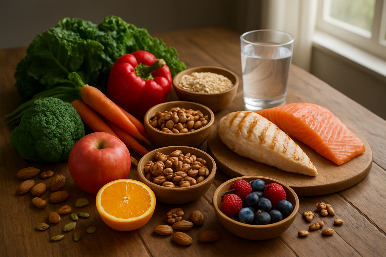 Create a realistic image of a wooden kitchen table with a variety of fresh, colorful whole foods arranged as the foundation of healthy nutrition, including vibrant vegetables like leafy greens, carrots, bell peppers, and broccoli, fresh fruits such as apples, berries, and oranges, lean proteins like grilled chicken breast and salmon, whole grains in wooden bowls, nuts and seeds scattered around, and a glass of clear water, all arranged in an organized, appealing layout with natural lighting streaming through a nearby window, creating a clean and inspiring atmosphere that emphasizes building nutritional foundations, absolutely NO text should be in the scene.