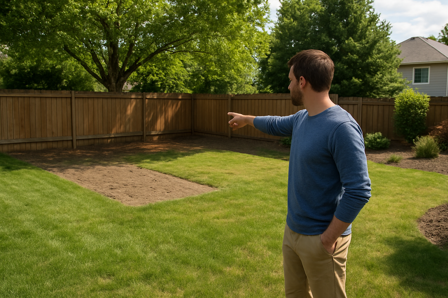 Create a realistic image of a homeowner standing in their backyard examining different potential locations for a dog potty area, with the person pointing toward a well-drained corner area near a fence, showing a spacious backyard with various terrain options including grassy areas, slightly sloped sections, and areas with good drainage, natural daylight creating clear visibility of the yard's layout, trees and landscaping in the background, and a clean suburban residential setting that demonstrates the decision-making process for optimal placement. Absolutely NO text should be in the scene.