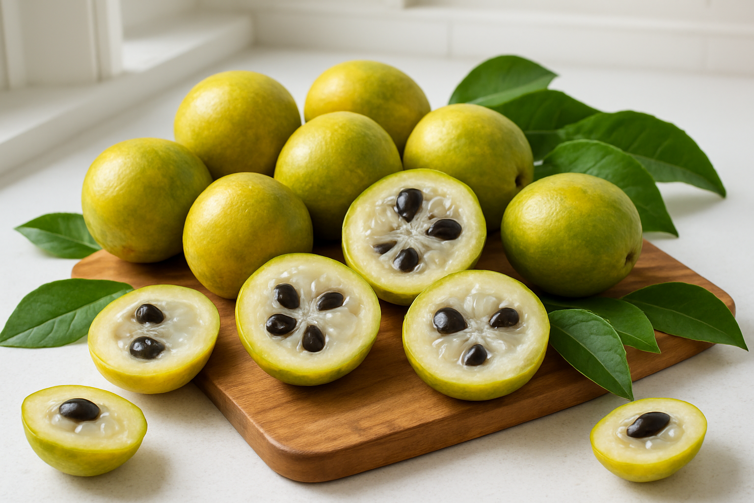 Create a realistic image of fresh wampi fruits arranged on a wooden cutting board, with some fruits whole showing their yellowish-green skin and others cut open revealing the translucent white flesh and dark seeds inside, surrounded by vibrant green leaves, with a few fruits scattered around the board, set against a clean white kitchen counter background with soft natural lighting from a window, creating a fresh and appetizing display that emphasizes the fruit's natural beauty and nutritional appeal, absolutely NO text should be in the scene.