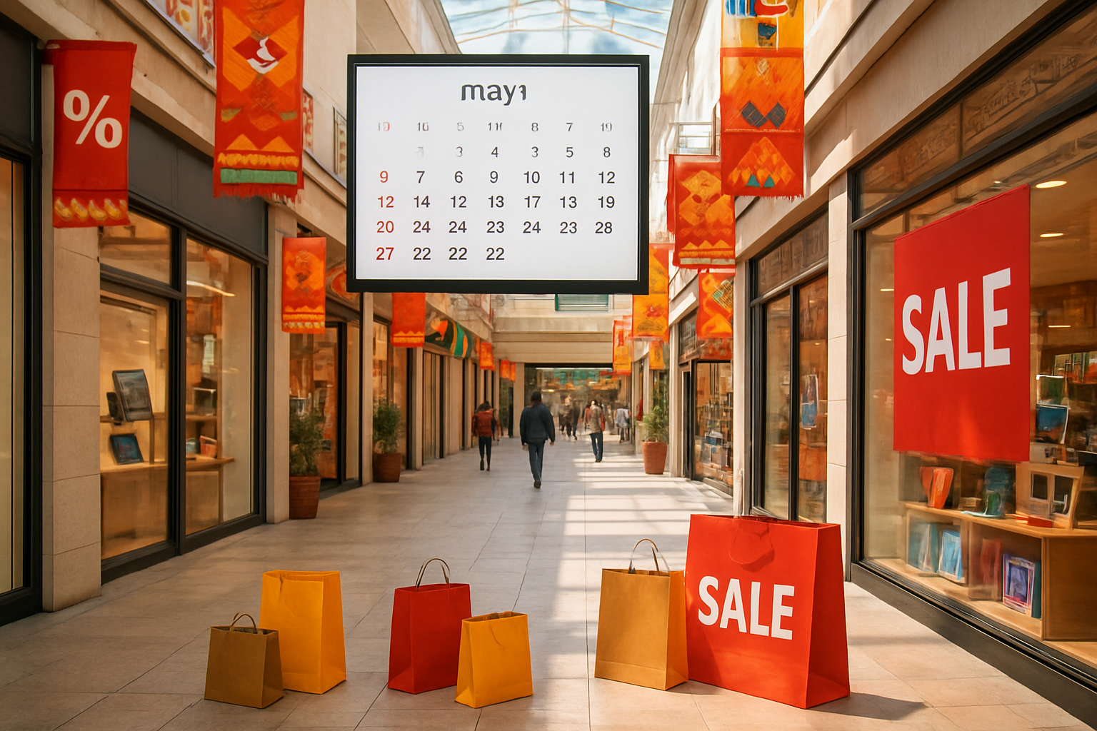 Create a realistic image of a modern Mexican shopping mall or retail district with colorful promotional banners and sale signs hanging from storefronts, a large digital calendar display showing dates in May 2026, shopping bags scattered around, vibrant red and orange sale decorations, bright daylight streaming through large windows, bustling commercial atmosphere with electronic devices and gadgets visible in store windows, clean contemporary architecture with Mexican cultural elements, warm lighting creating an inviting shopping environment, absolutely NO text should be in the scene.