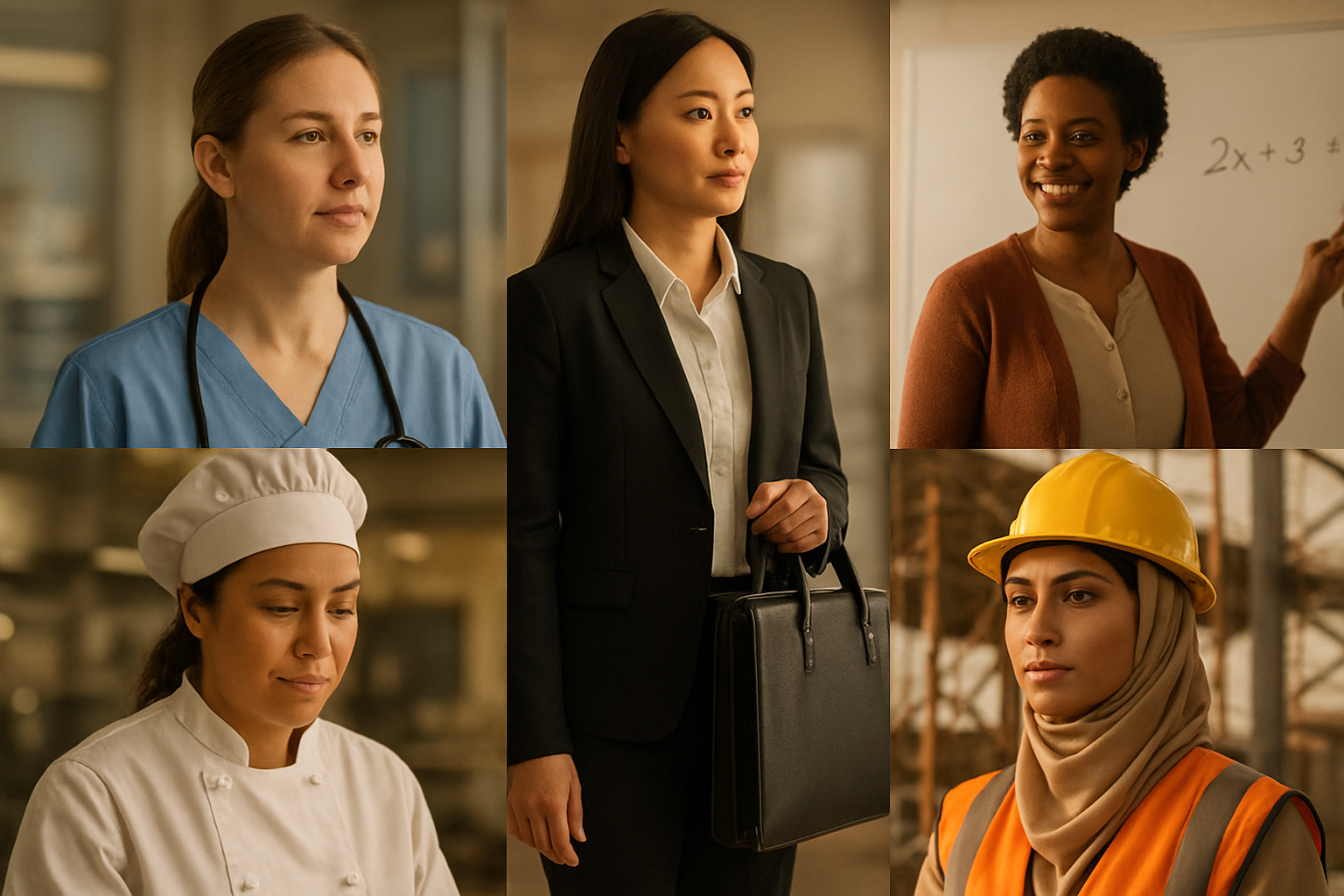 Create a realistic image of a diverse collage-style composition showing different working mothers from around the world: a white female doctor in scrubs with a stethoscope, an Asian female businesswoman in a suit carrying a briefcase, a black female teacher at a whiteboard, a Hispanic female chef in kitchen whites, and a Middle Eastern female engineer wearing a hard hat at a construction site, all depicted in their respective work environments with warm, professional lighting that conveys determination and balance between career and motherhood, absolutely NO text should be in the scene.