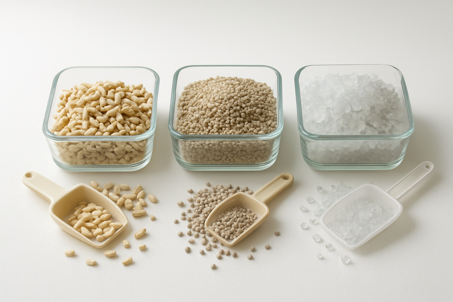 Create a realistic image of a side-by-side comparison setup showing different types of cat litter materials in clear glass containers or shallow trays, including tofu-based litter pellets, traditional clay litter, and crystal litter, each clearly distinct in texture and appearance, arranged on a clean white surface with soft natural lighting from above, with small measuring scoops beside each container and a few scattered litter granules showing the different textures and sizes, photographed from a slight overhead angle to clearly show the material differences, absolutely NO text should be in the scene.