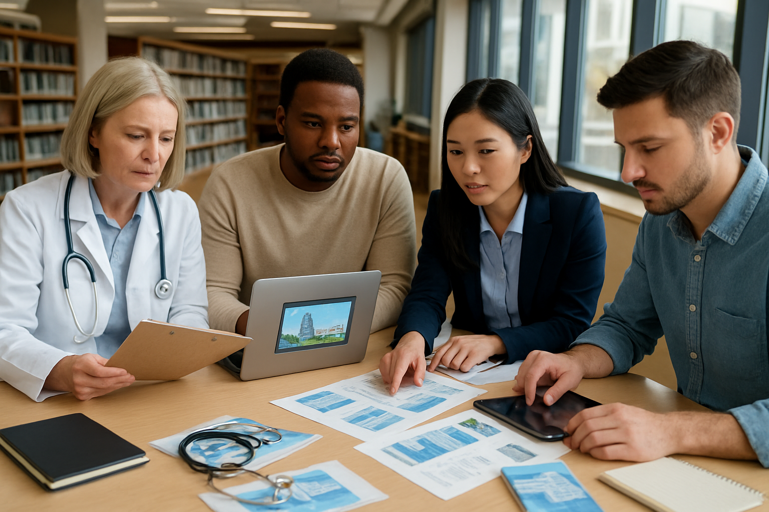 Create a realistic image of a diverse group of people researching hospitals on laptops and tablets at a modern library table, with a white female doctor in a white coat reviewing medical charts, a black male patient looking at hospital comparison websites on his laptop screen, and an Asian female healthcare consultant pointing at printed hospital rating documents spread across the table, surrounded by medical brochures, stethoscope, and notebooks, with soft natural lighting from large windows creating a professional and focused atmosphere, absolutely NO text should be in the scene.