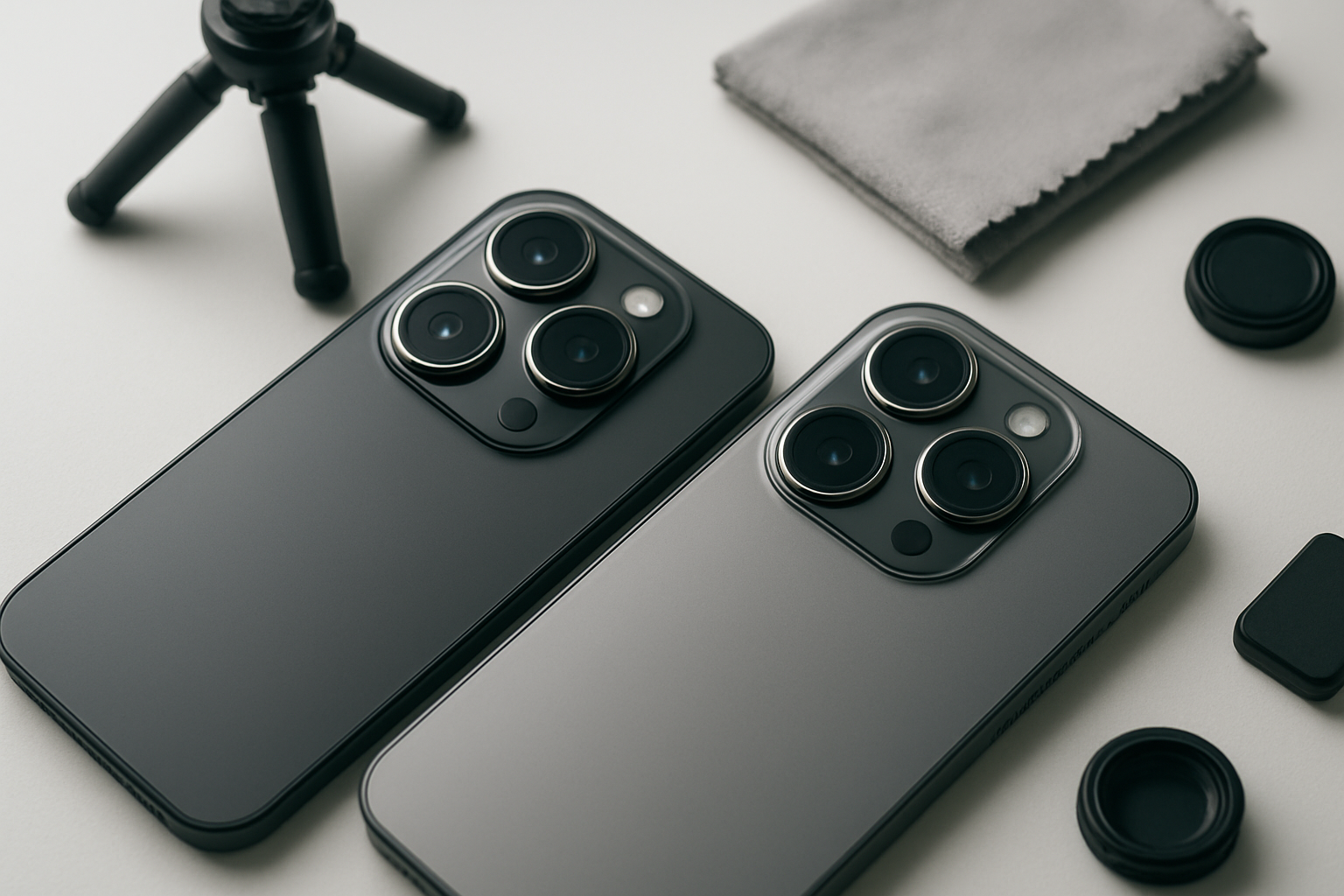 Create a realistic image of two modern smartphones positioned side by side on a clean white surface, with their camera systems prominently displayed and facing upward, showing detailed close-up views of their rear camera lenses and modules, surrounded by photography equipment including a small tripod, lens cleaning cloth, and subtle camera accessories, with soft studio lighting creating gentle shadows and highlighting the metallic camera rings and lens surfaces, captured in a professional product photography style with shallow depth of field, absolutely NO text should be in the scene.